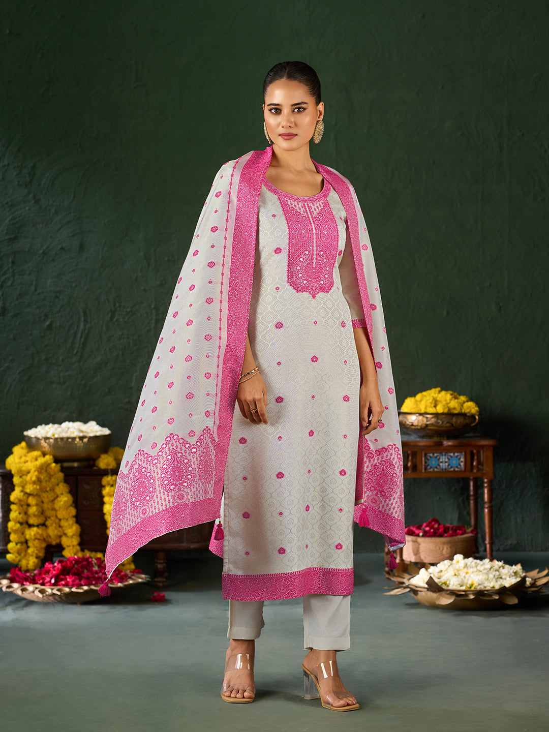 Women's Pink Pure Gold Tissue Silk Embroidered Kurta set with dupatta