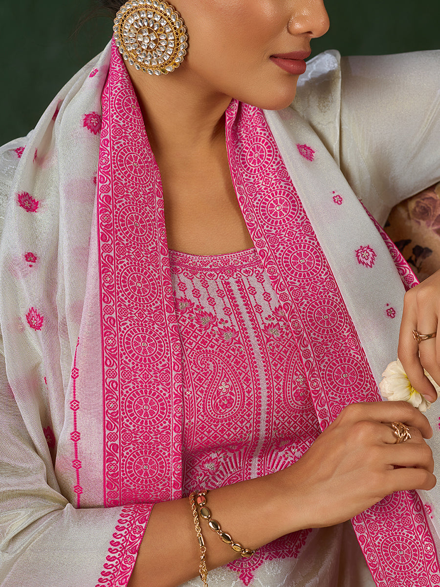 Women's Pink Pure Gold Tissue Silk Embroidered Kurta set with dupatta