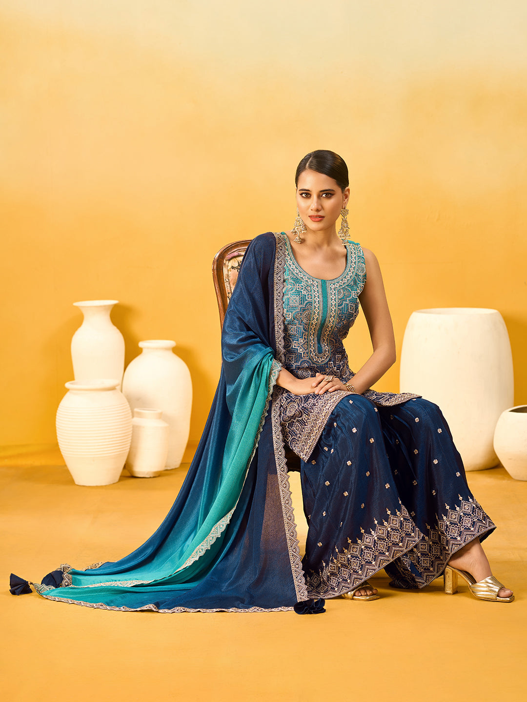 Women's Blue Poly chiffon Embroidered Sharara set with dupatta