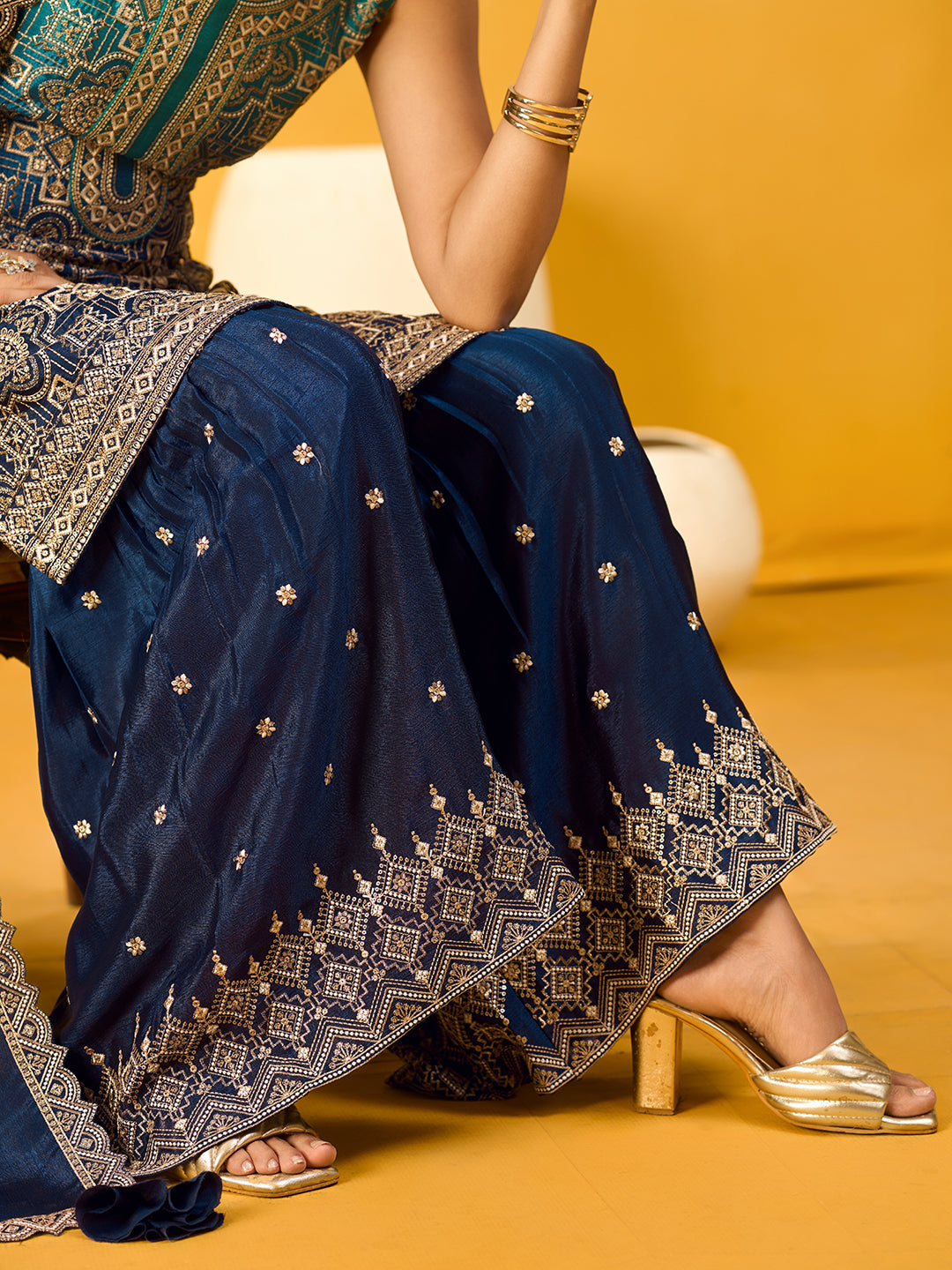 Women's Blue Poly chiffon Embroidered Sharara set with dupatta