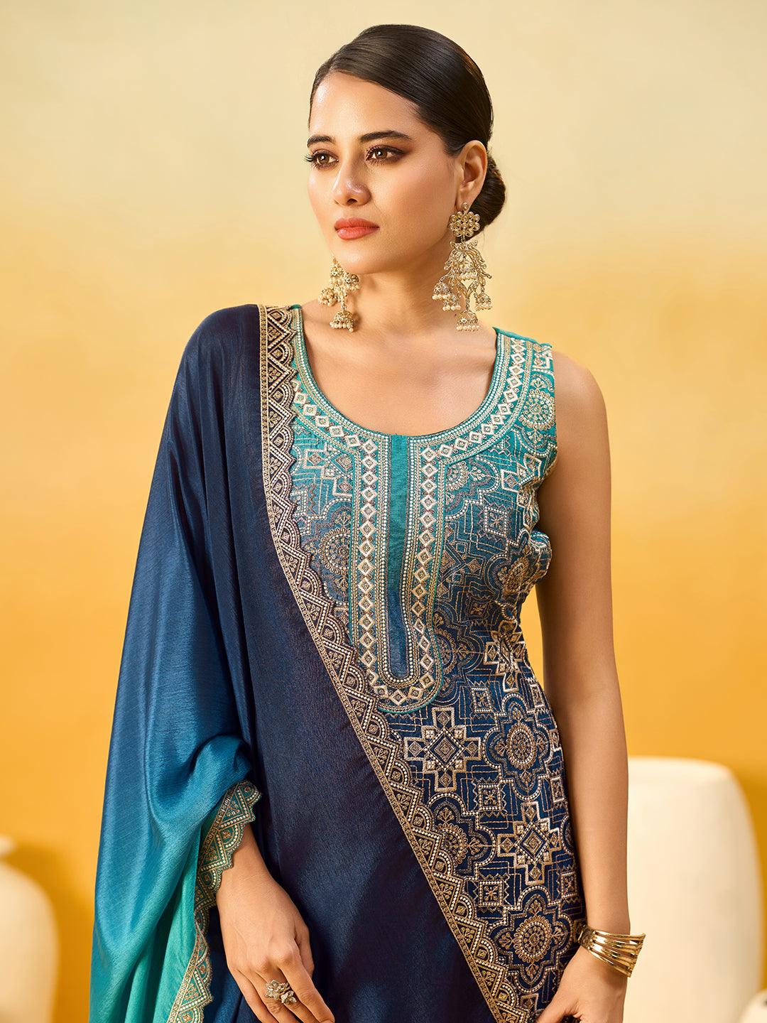 Women's Blue Poly chiffon Embroidered Sharara set with dupatta