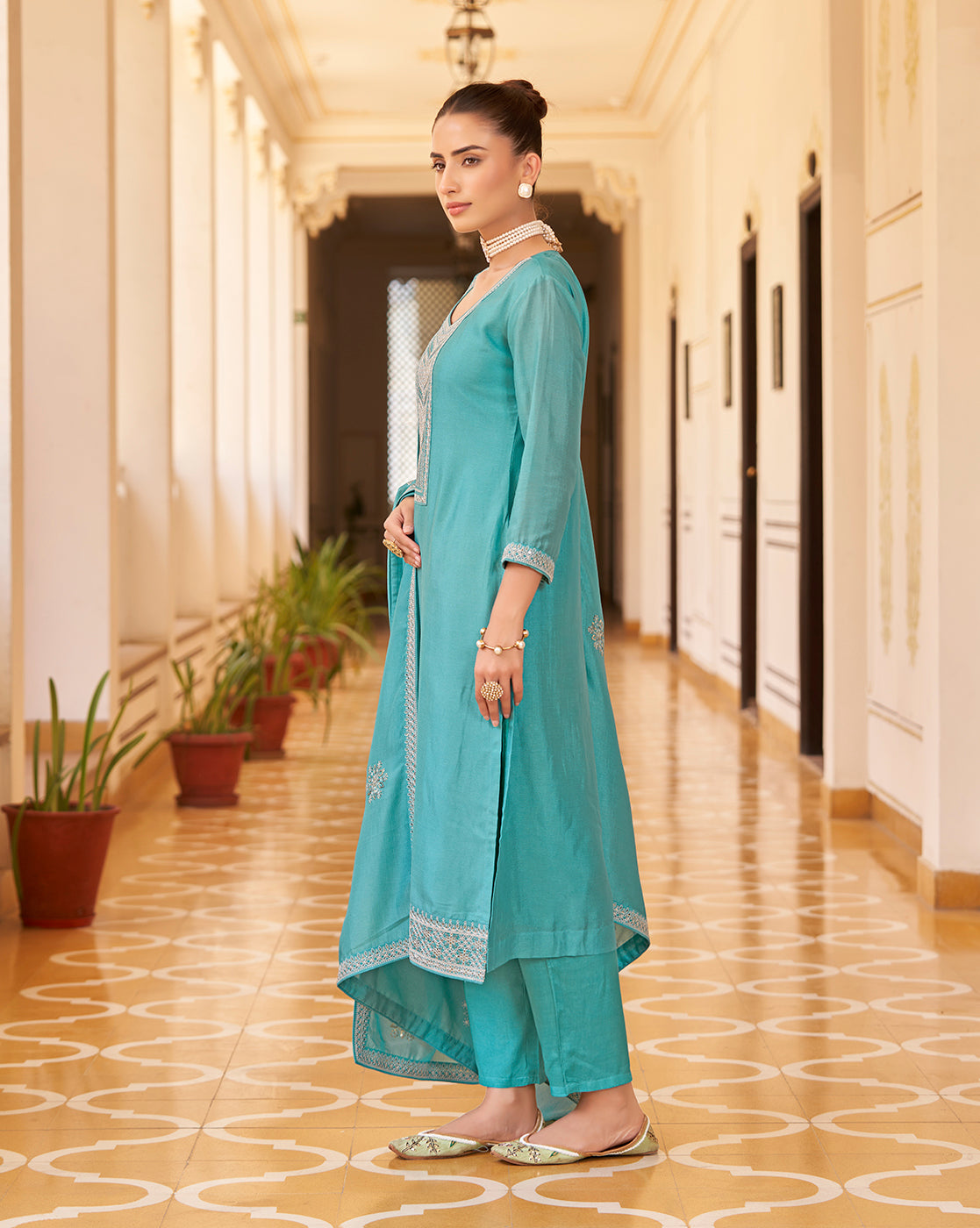 Women's Sky Blue Silk Blend Embroidered Kurta with Trouser & Dupatta