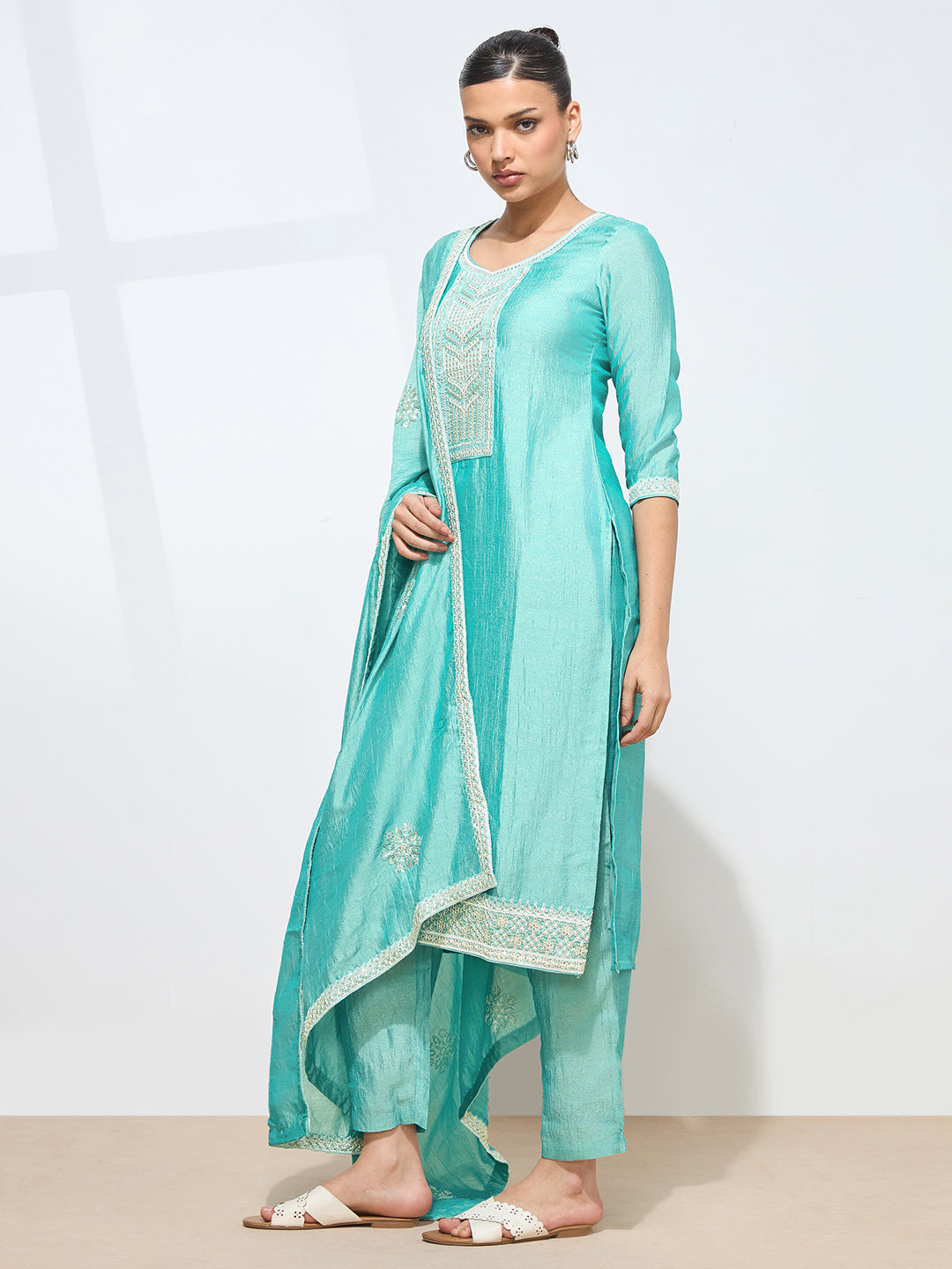 Women's Sky Blue Silk Blend Embroidered Kurta with Trouser & Dupatta