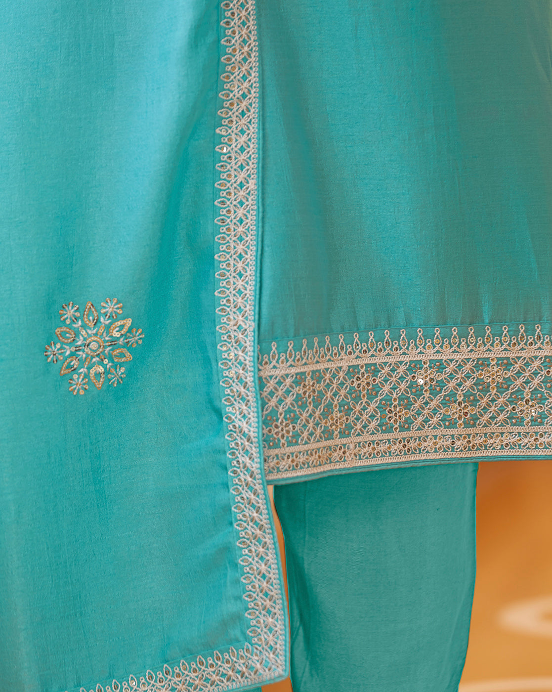 Women's Sky Blue Silk Blend Embroidered Kurta with Trouser & Dupatta