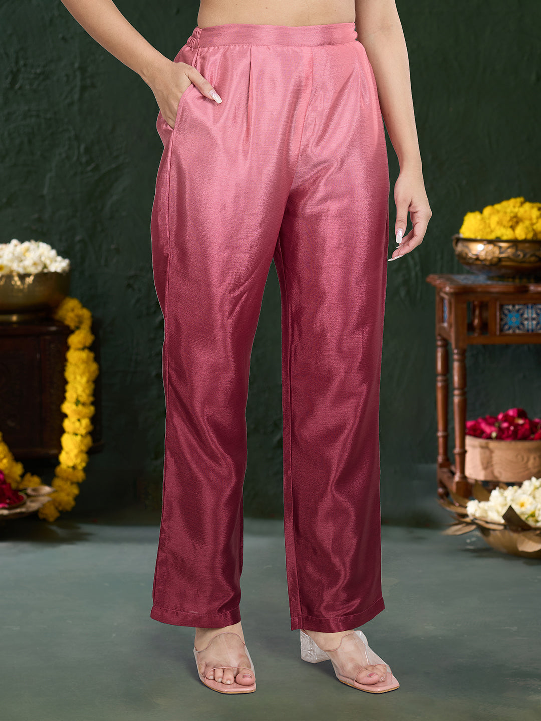 Women's Pink Poly chiffon Embroidered Kurta set with dupatta