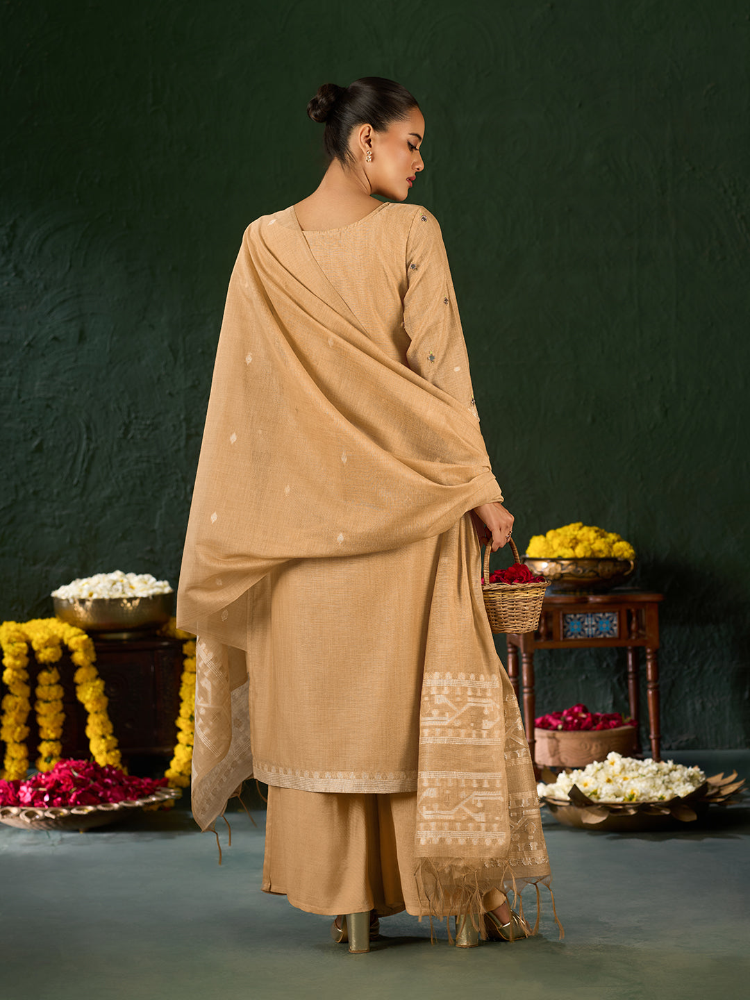 Women's Gold Silk Blend Jacquard Kurta set with dupatta