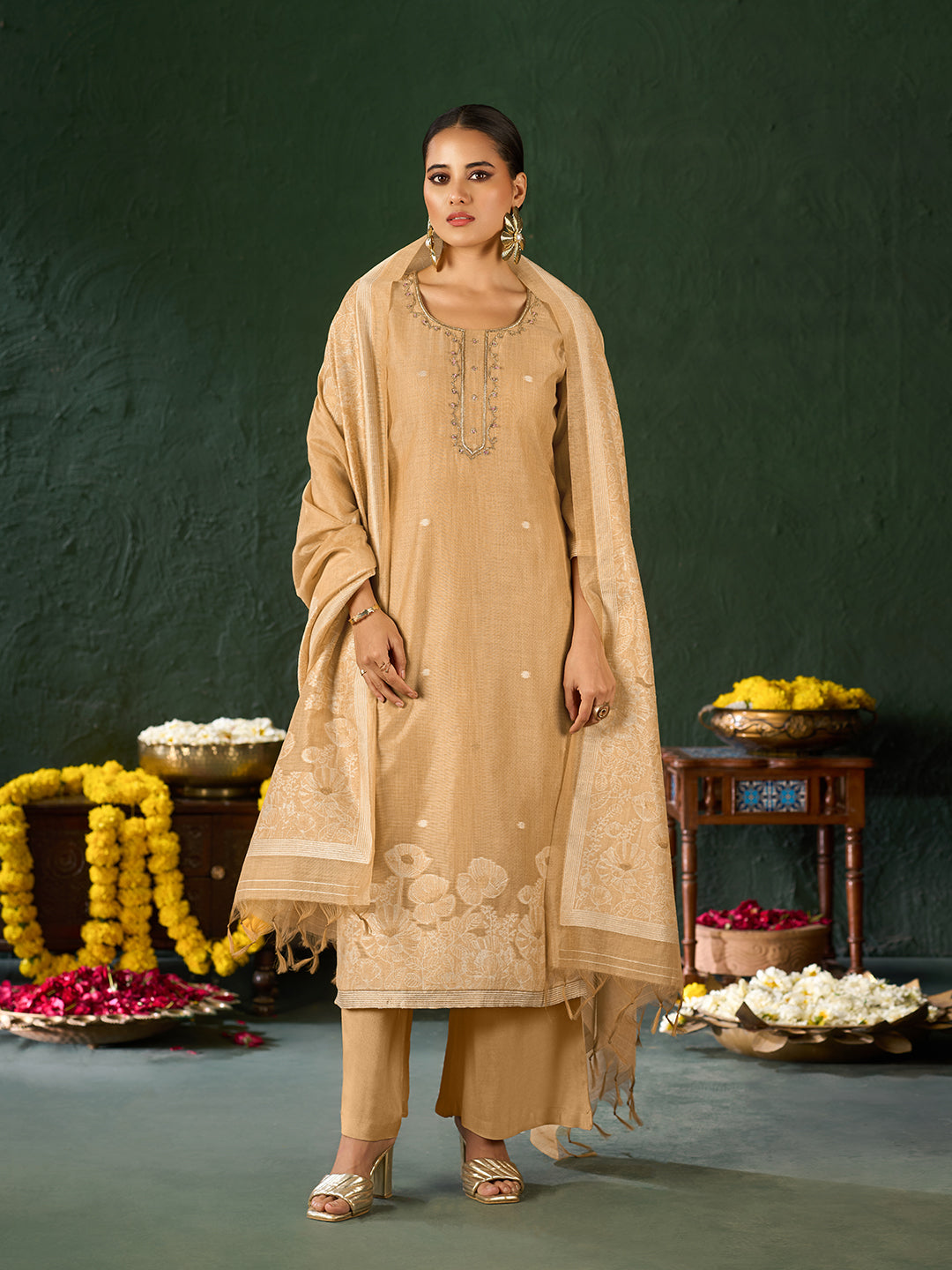 Women's Gold Silk Blend Jacquard Kurta set with dupatta