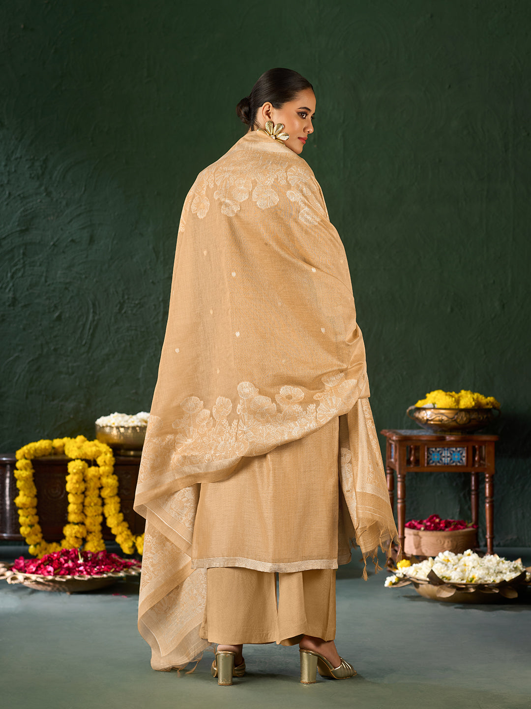 Women's Gold Silk Blend Jacquard Kurta set with dupatta