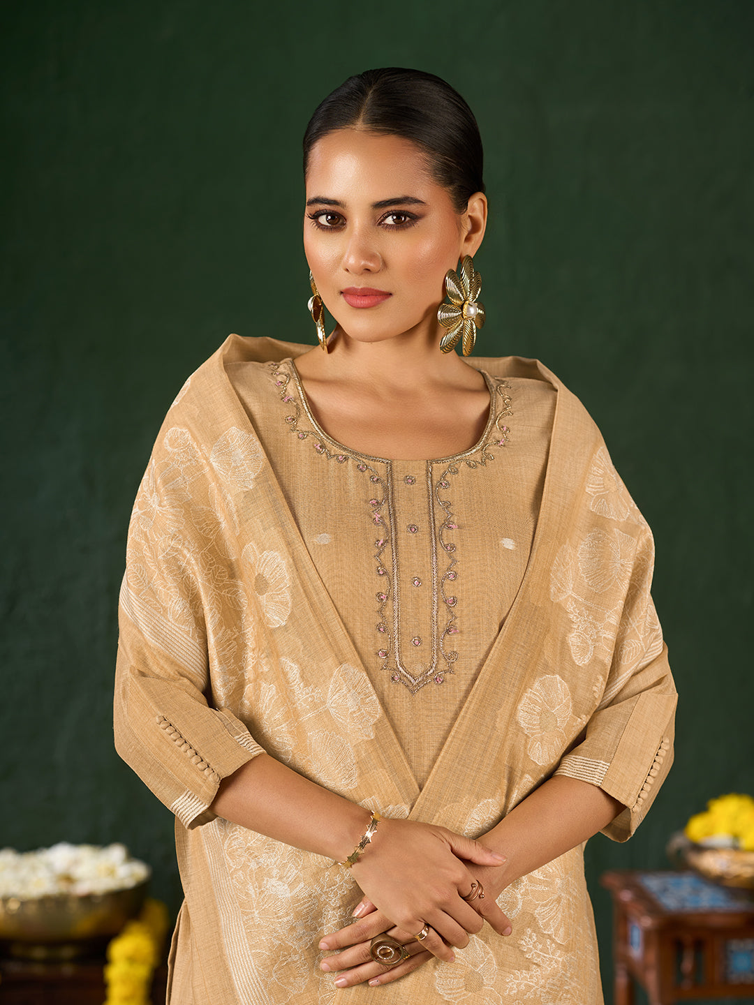 Women's Gold Silk Blend Jacquard Kurta set with dupatta