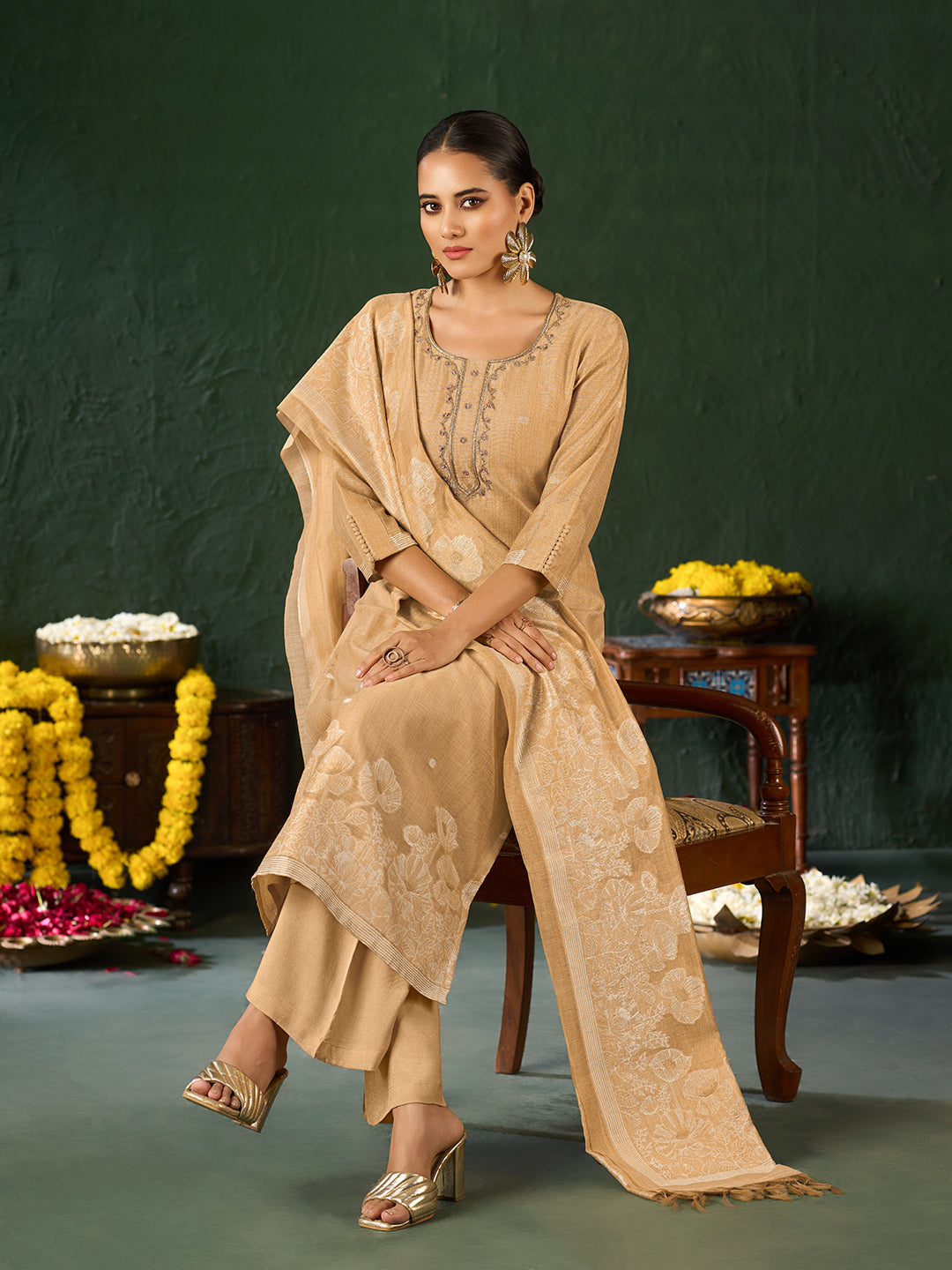 Women's Gold Silk Blend Jacquard Kurta set with dupatta