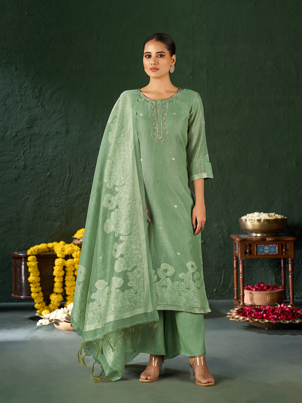 Women's Green Silk Blend Jacquard Kurta set with dupatta