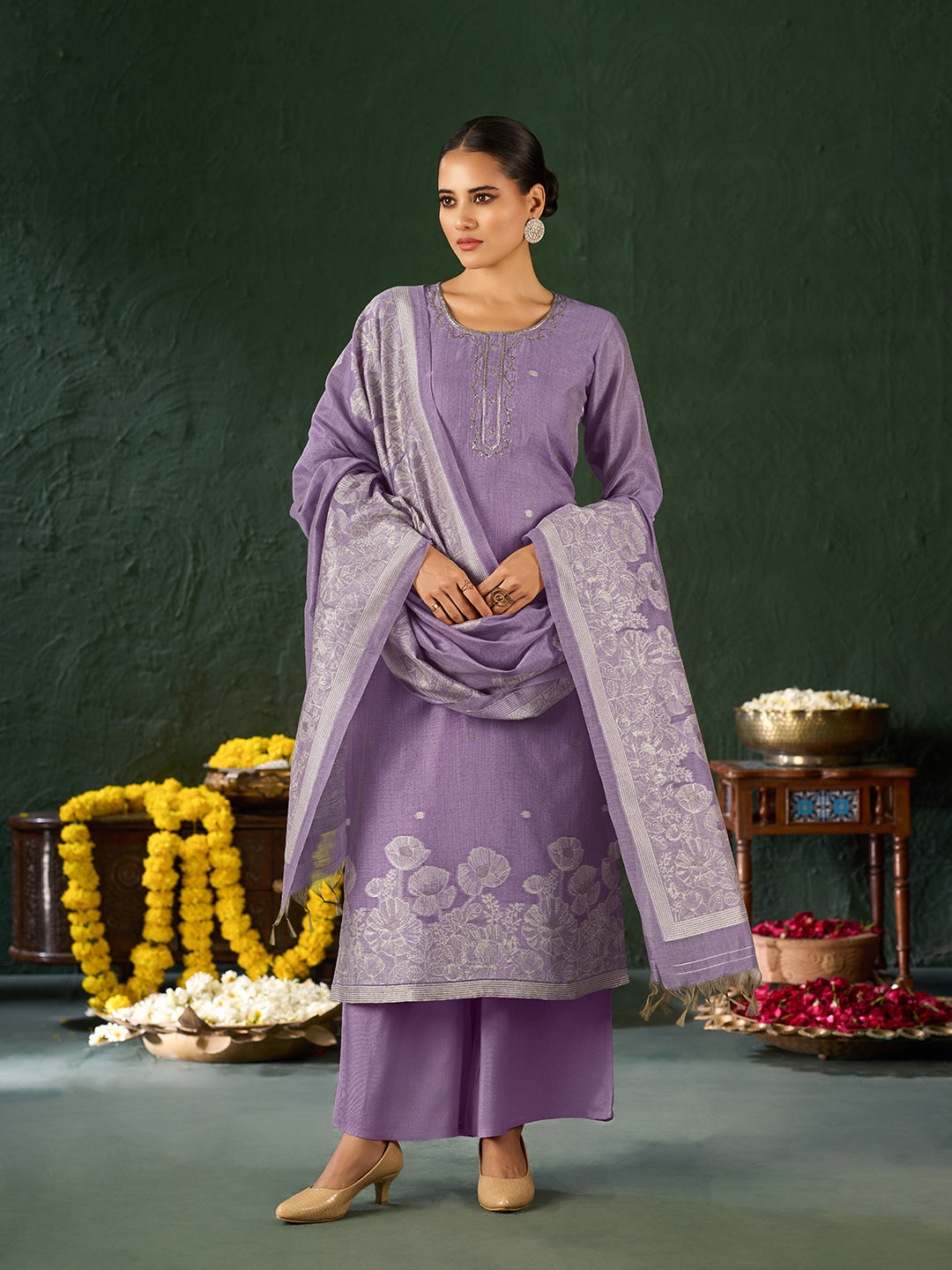 Women's Lavender Silk Blend Jacquard Kurta set with dupatta