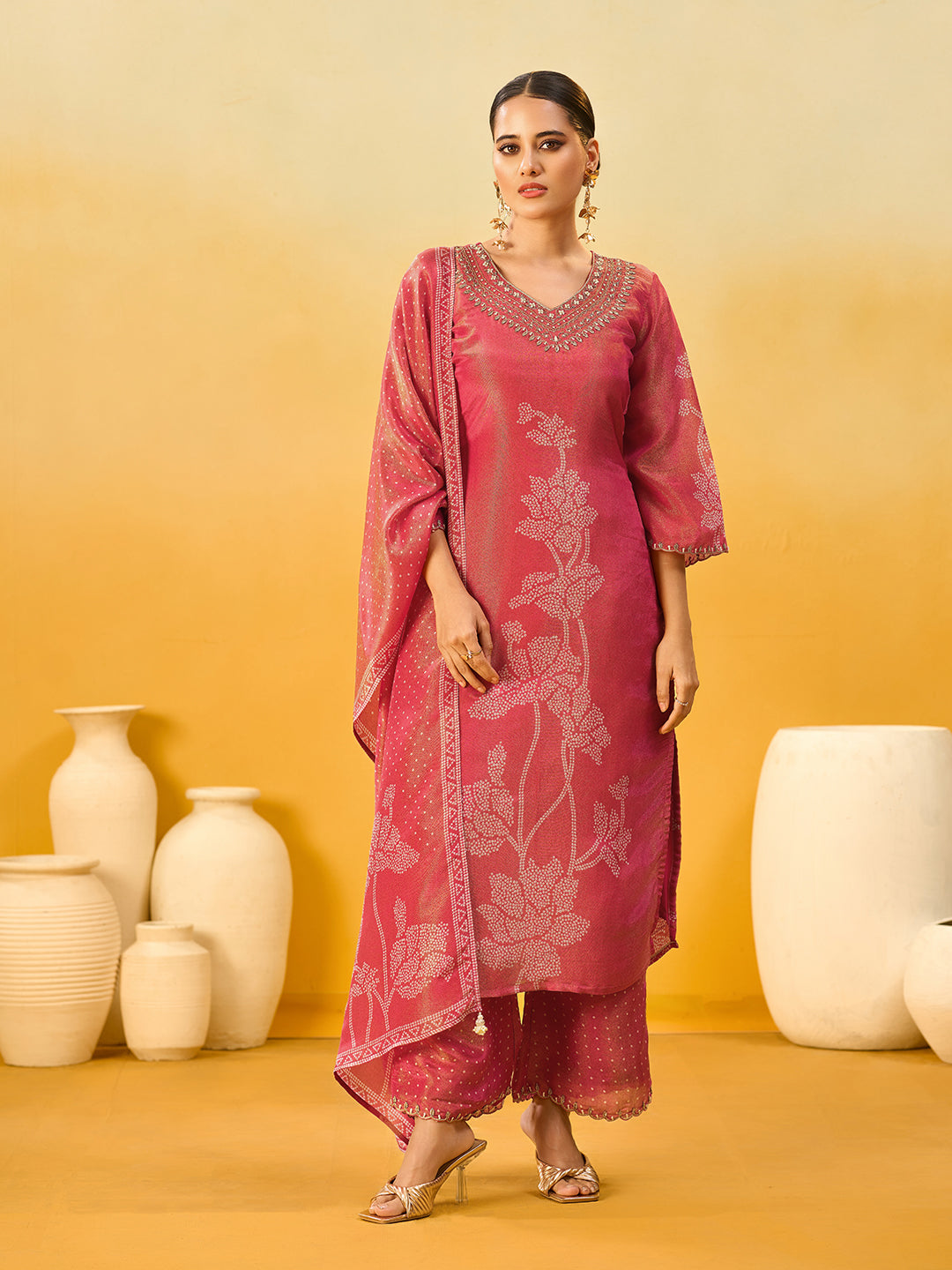 Women's Red Pure Shimmer Silk Embroidered Kurta set with dupatta