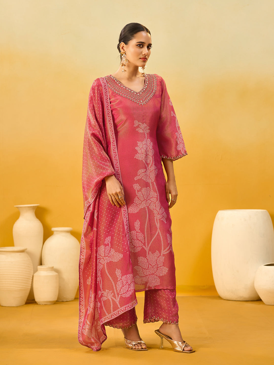 Women's Red Pure Shimmer Silk Embroidered Kurta set with dupatta