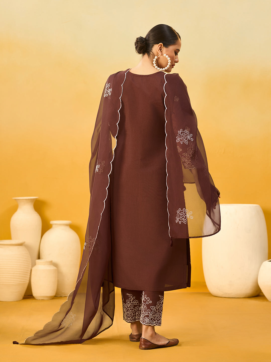 Women's Brown Silk Blend Embroidered Kurta set with dupatta