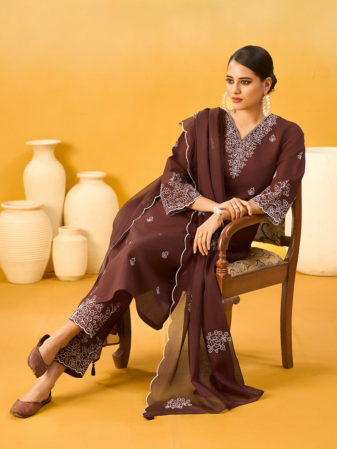 Women's Brown Silk Blend Embroidered Kurta set with dupatta