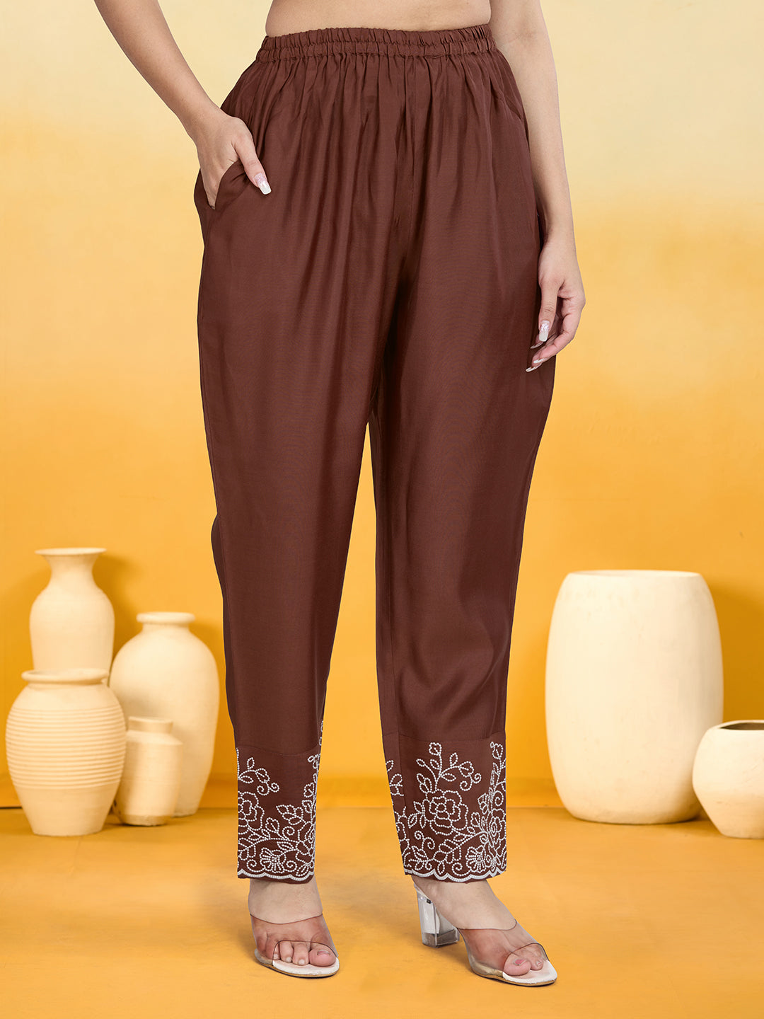 Women's Brown Silk Blend Embroidered Kurta set with dupatta