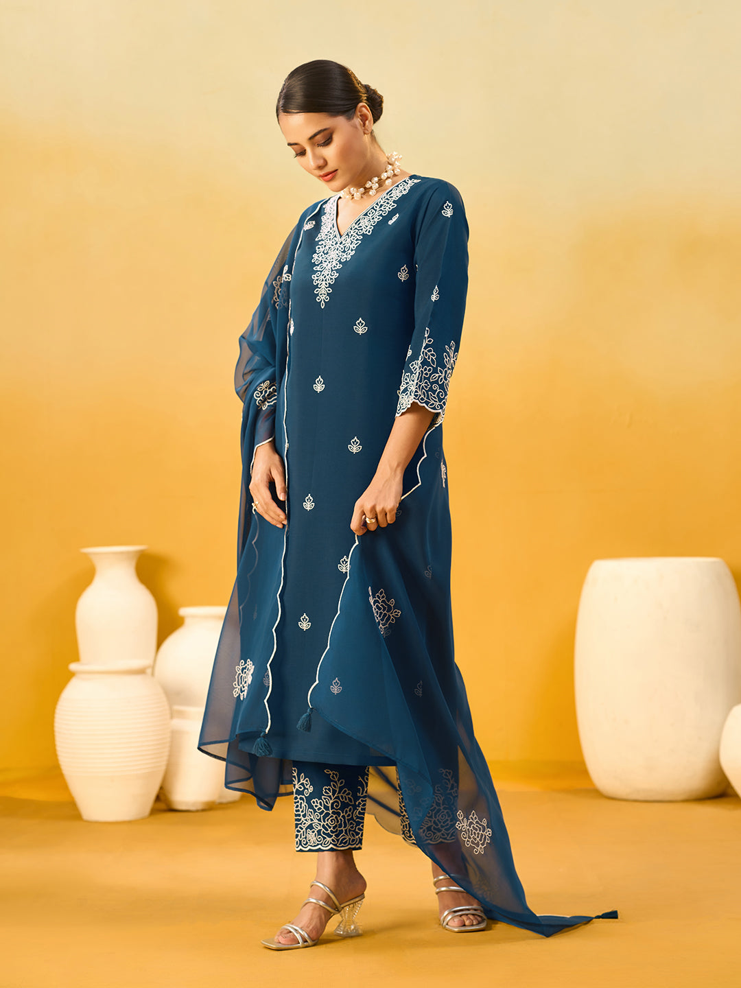 Women's Navy Blue Silk Blend Embroidered Kurta set with dupatta
