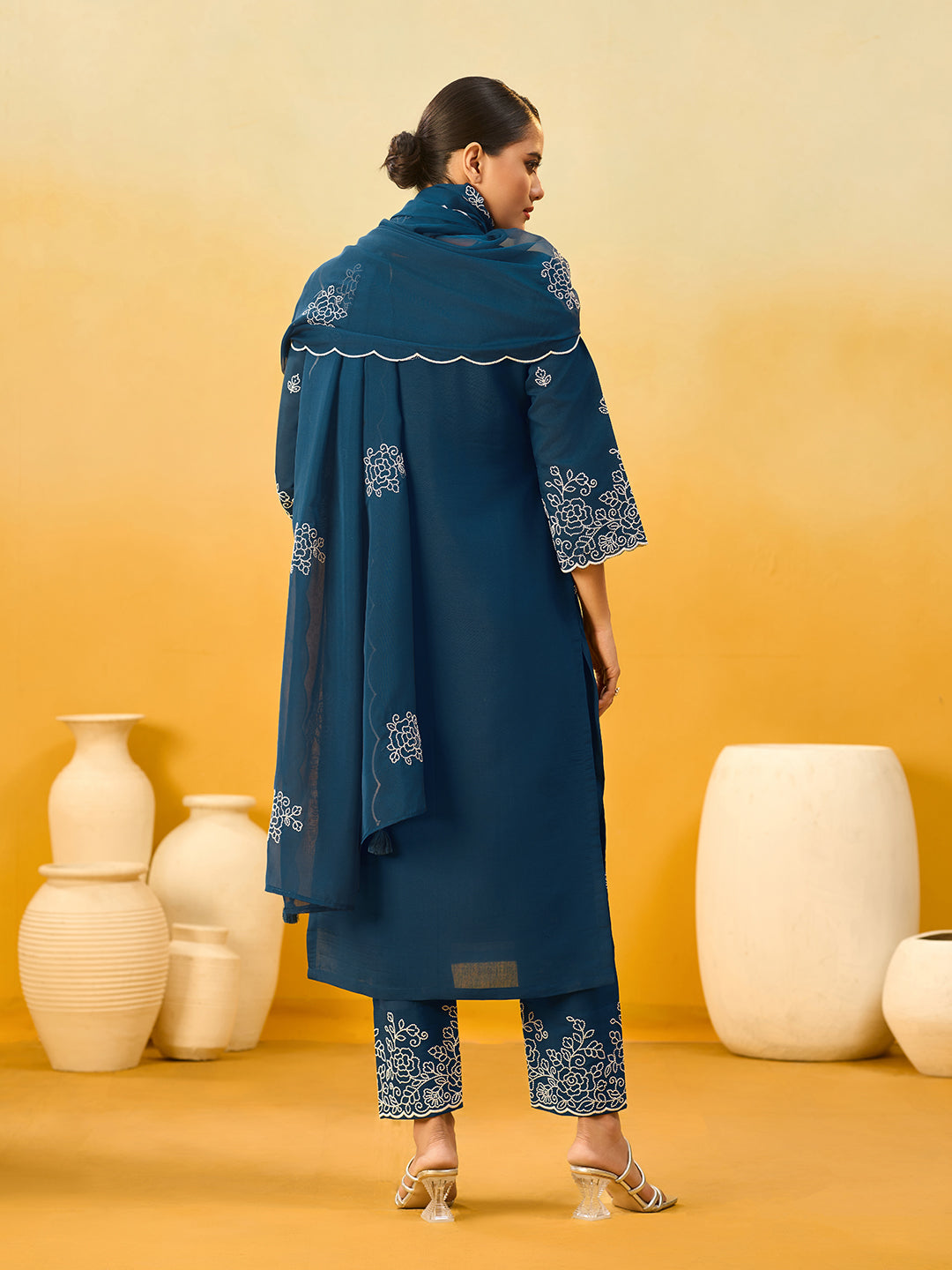 Women's Navy Blue Silk Blend Embroidered Kurta set with dupatta