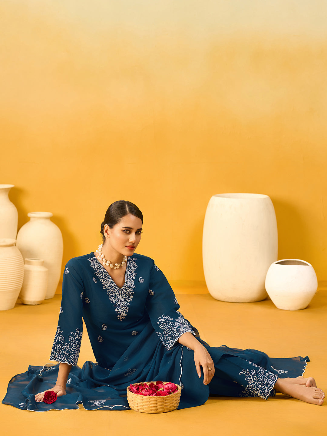 Women's Navy Blue Silk Blend Embroidered Kurta set with dupatta