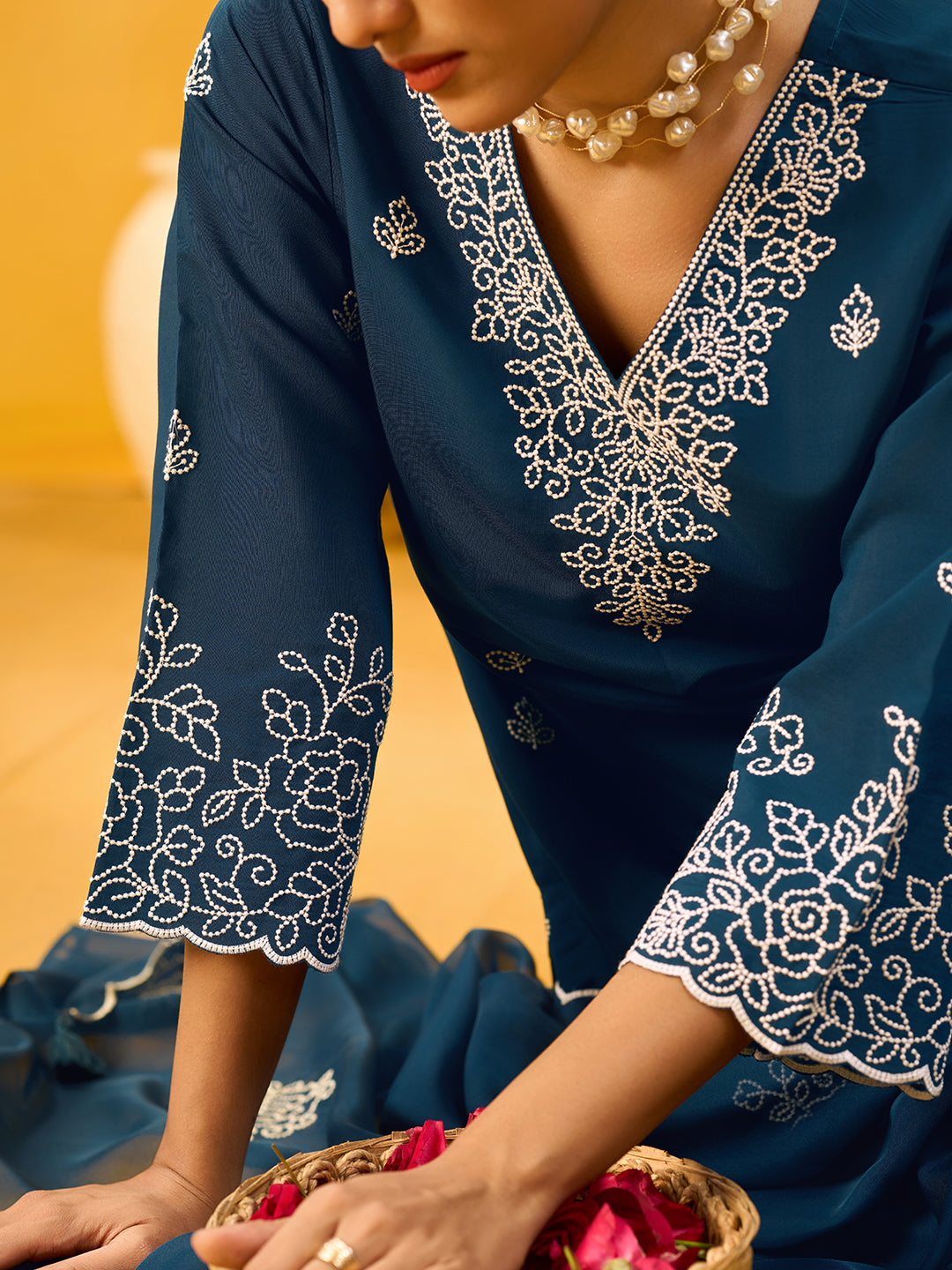 Women's Navy Blue Silk Blend Embroidered Kurta set with dupatta