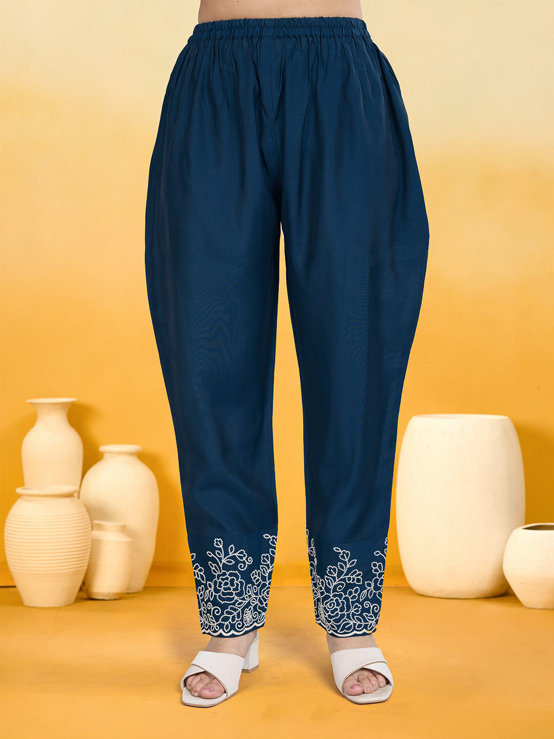 Women's Navy Blue Silk Blend Embroidered Kurta set with dupatta