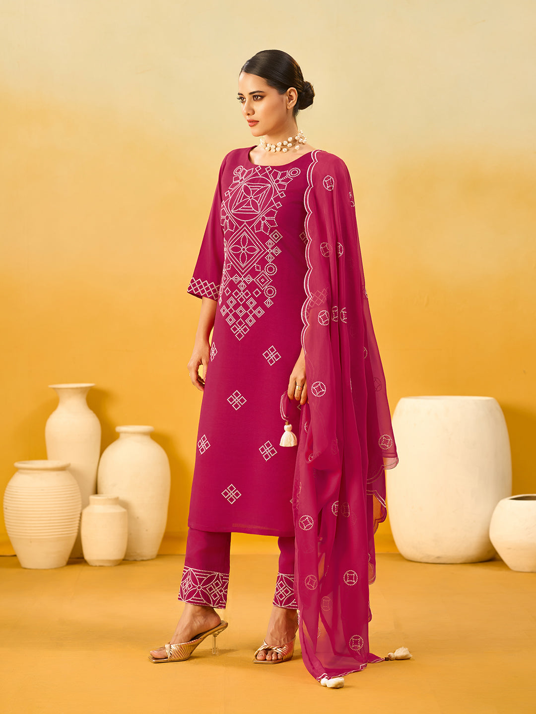 Women's Red Silk Blend Embroidered Kurta set with dupatta