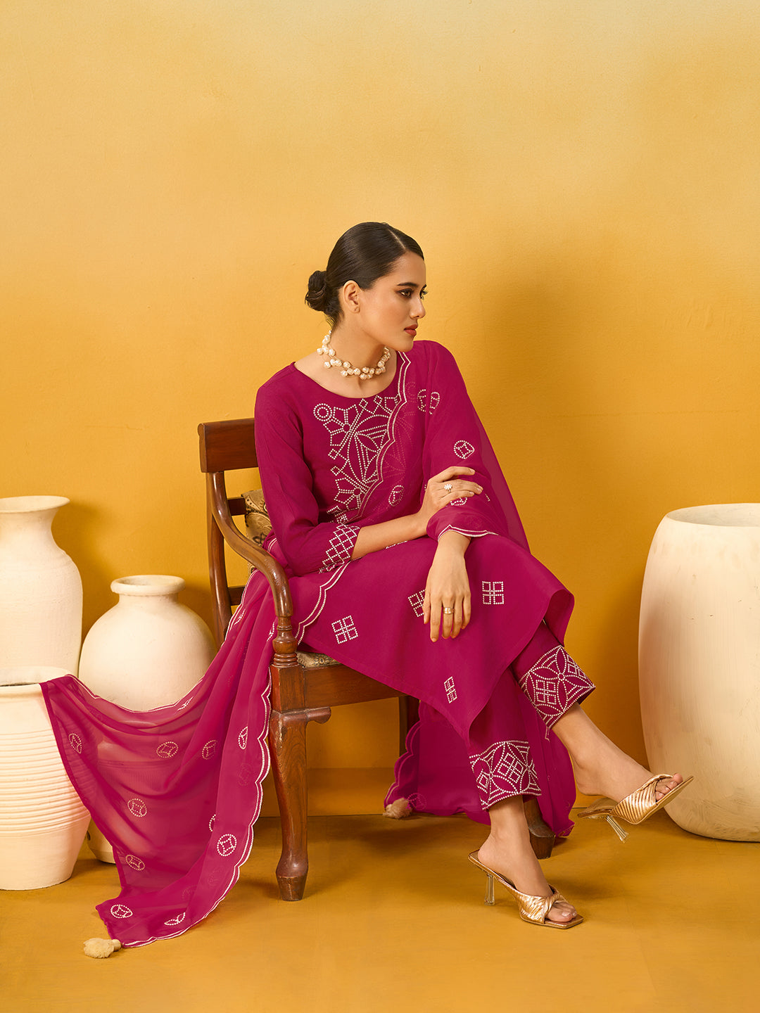 Women's Red Silk Blend Embroidered Kurta set with dupatta