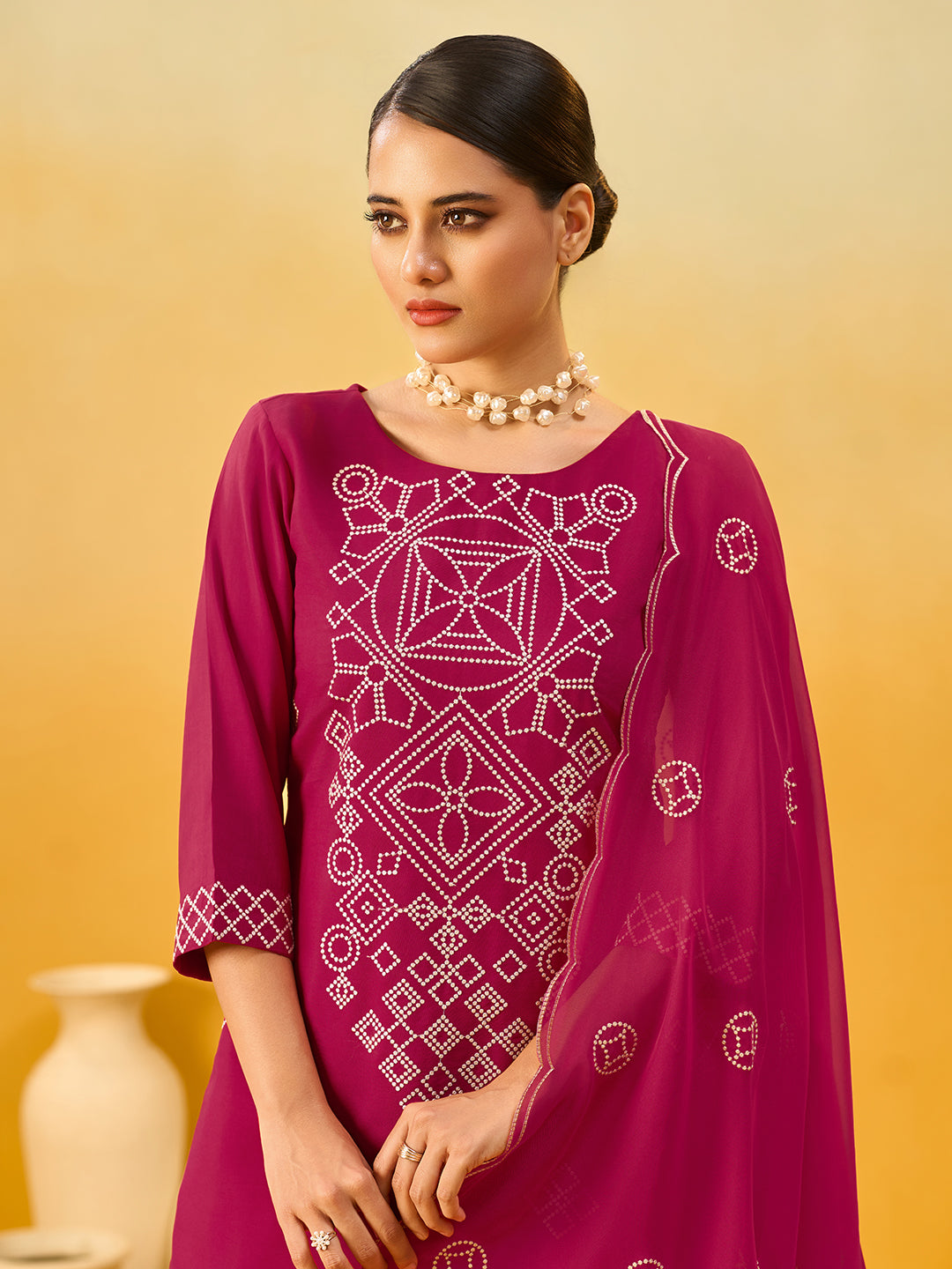 Women's Red Silk Blend Embroidered Kurta set with dupatta