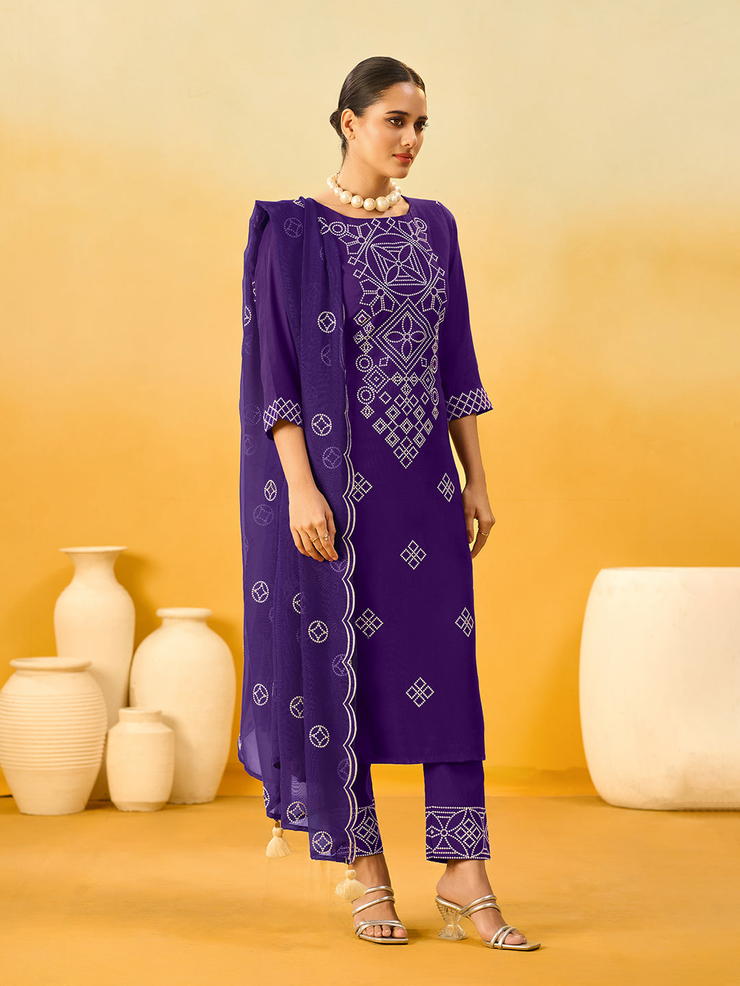 Women's Violet Silk Blend Embroidered Kurta set with dupatta