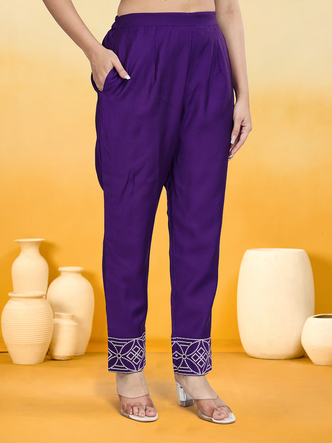 Women's Violet Silk Blend Embroidered Kurta set with dupatta