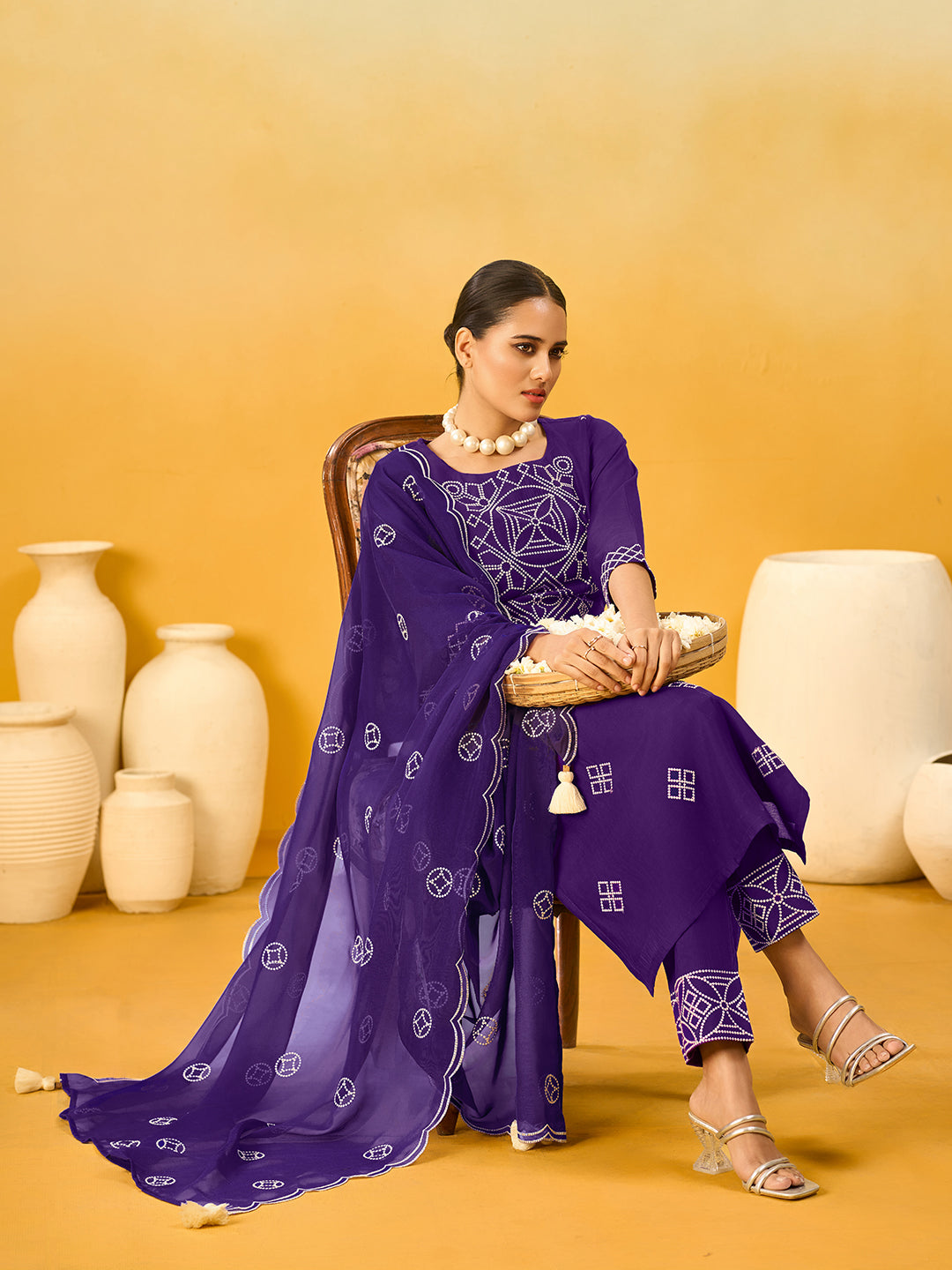 Women's Violet Silk Blend Embroidered Kurta set with dupatta
