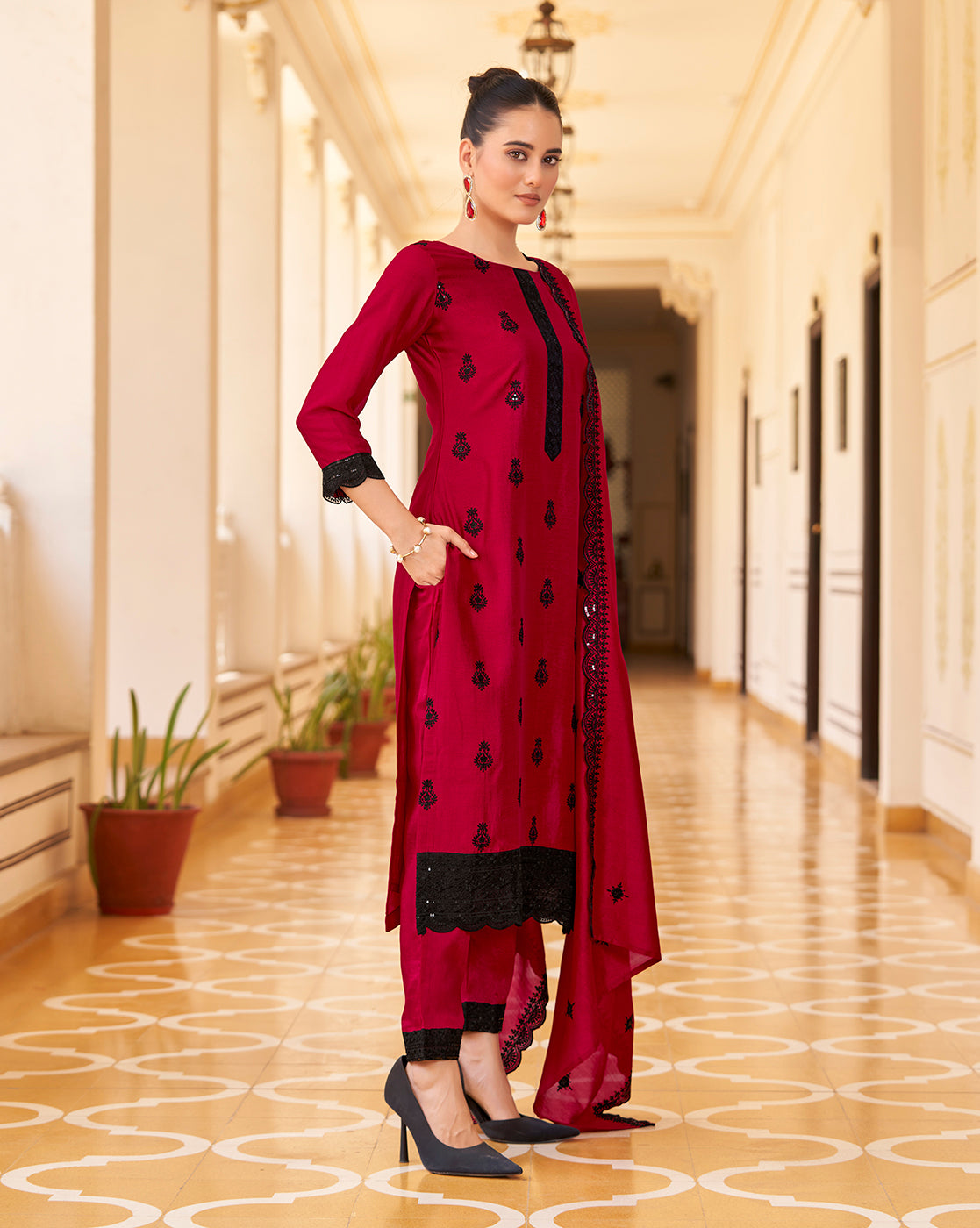 Women's Red Silk Blend Embroidered Kurta with Trouser & Dupatta