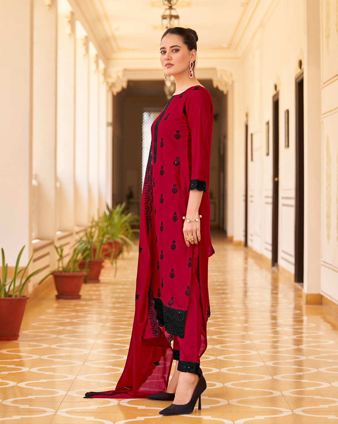 Women's Red Silk Blend Embroidered Kurta with Trouser & Dupatta