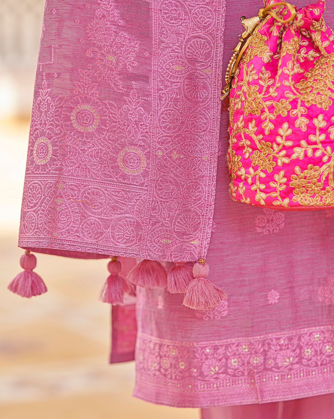 Women's Pink Silk Blend Woven Design Kurta with Trouser & Woven Dupatta