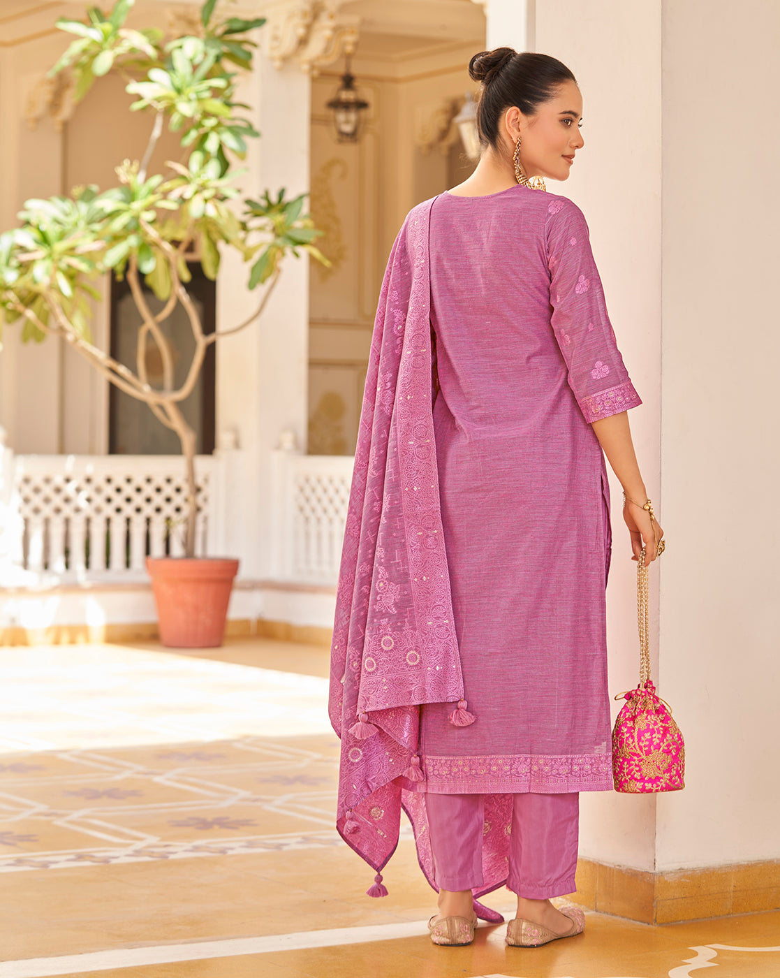 Women's Pink Silk Blend Woven Design Kurta with Trouser & Woven Dupatta