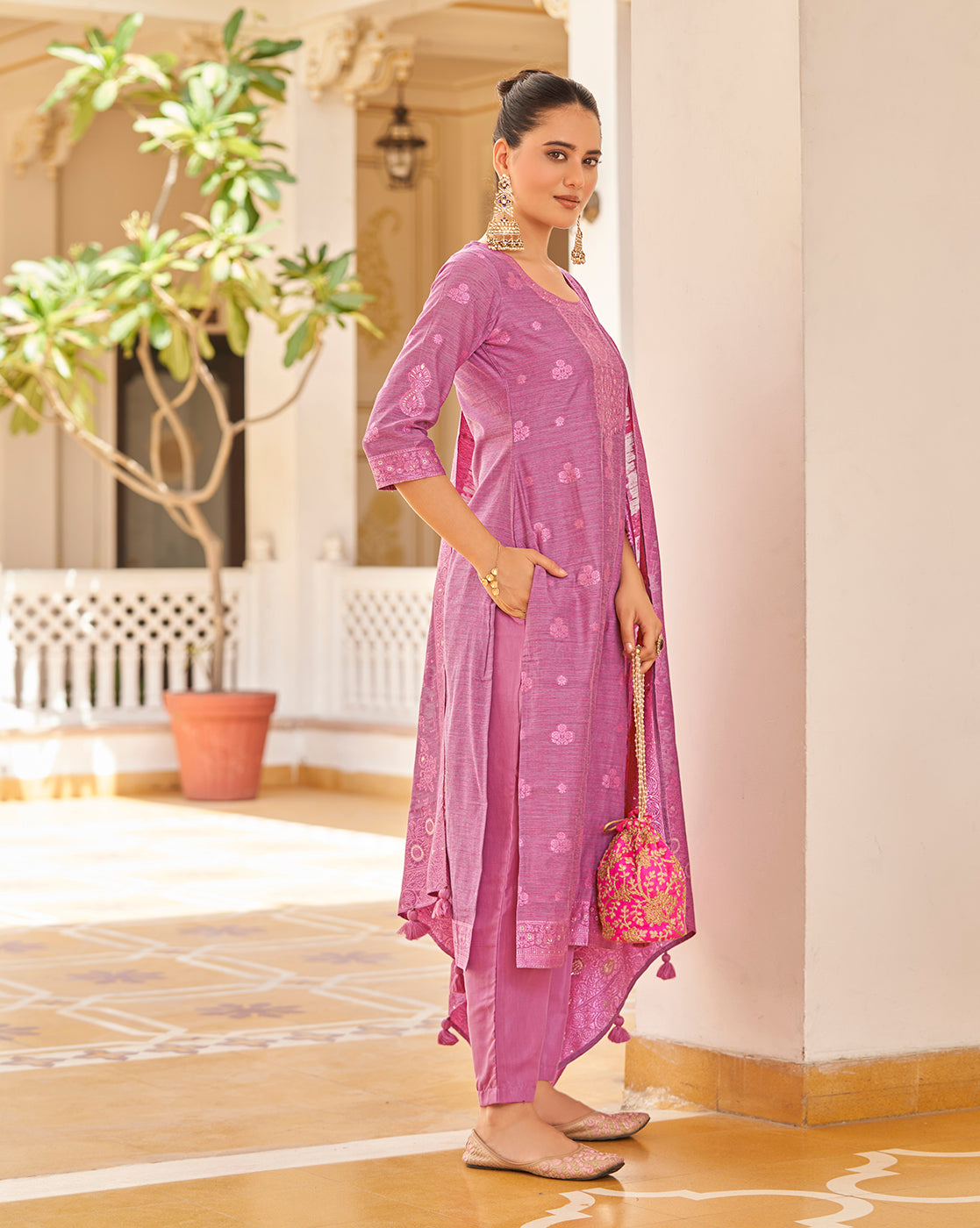 Women's Pink Silk Blend Woven Design Kurta with Trouser & Woven Dupatta