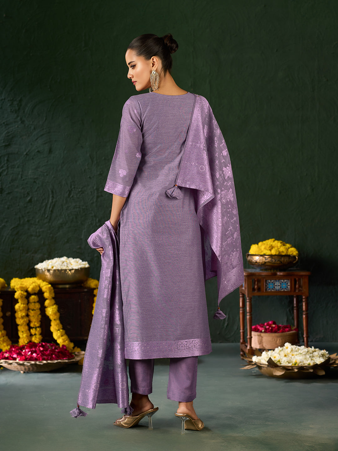 Women's Purple Silk Blend Woven Design Kurta with Trouser & Woven Dupatta
