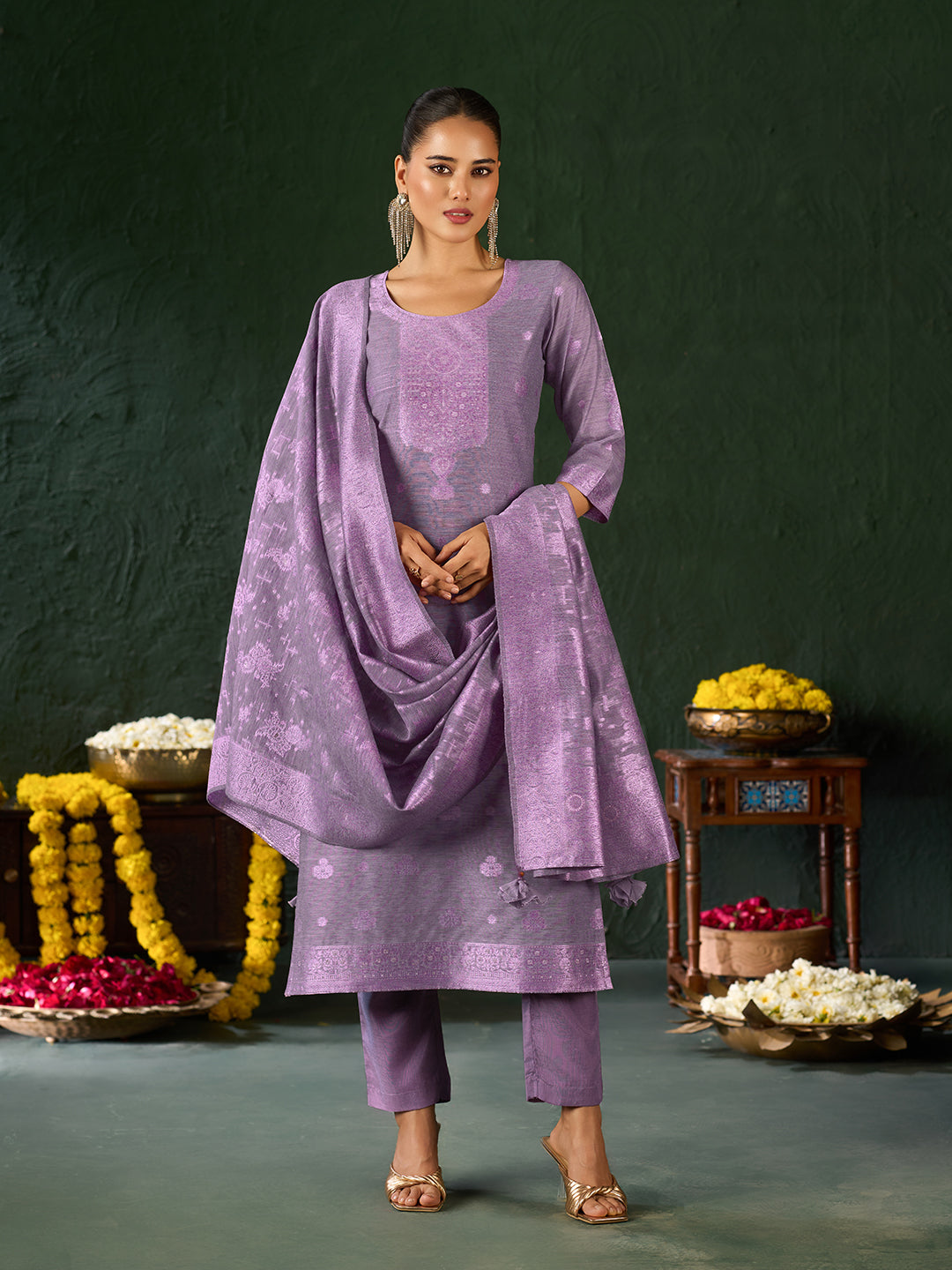 Women's Purple Silk Blend Woven Design Kurta with Trouser & Woven Dupatta