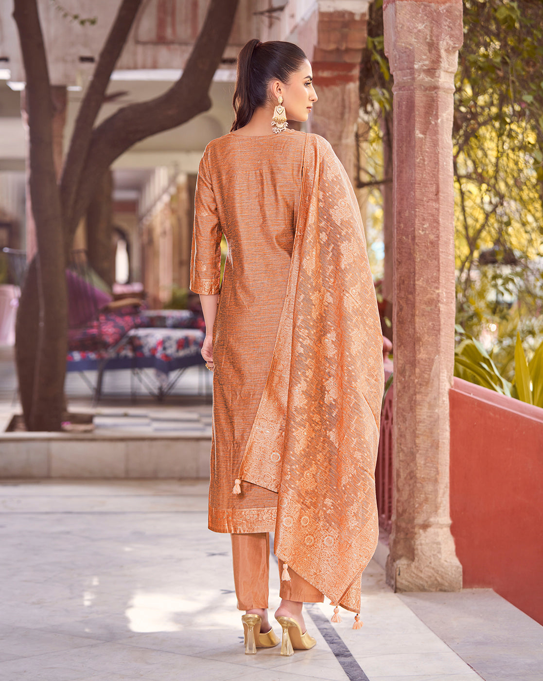 Women's Rust Silk Blend Woven Design Kurta with Trouser & Woven Dupatta