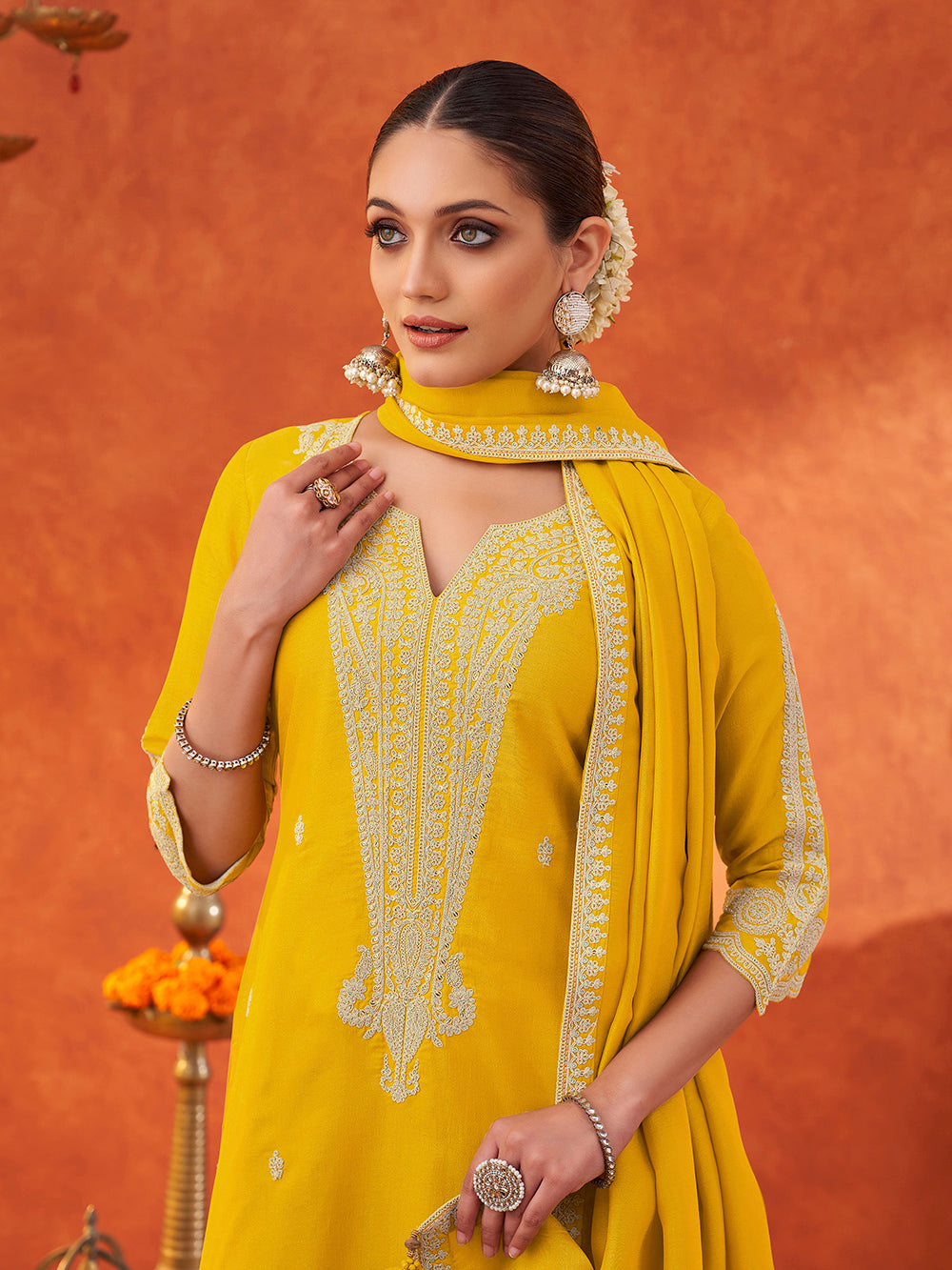 Women's Yellow Silk Blend Embroidered Yoke Kurta with Trouser & Dupatta