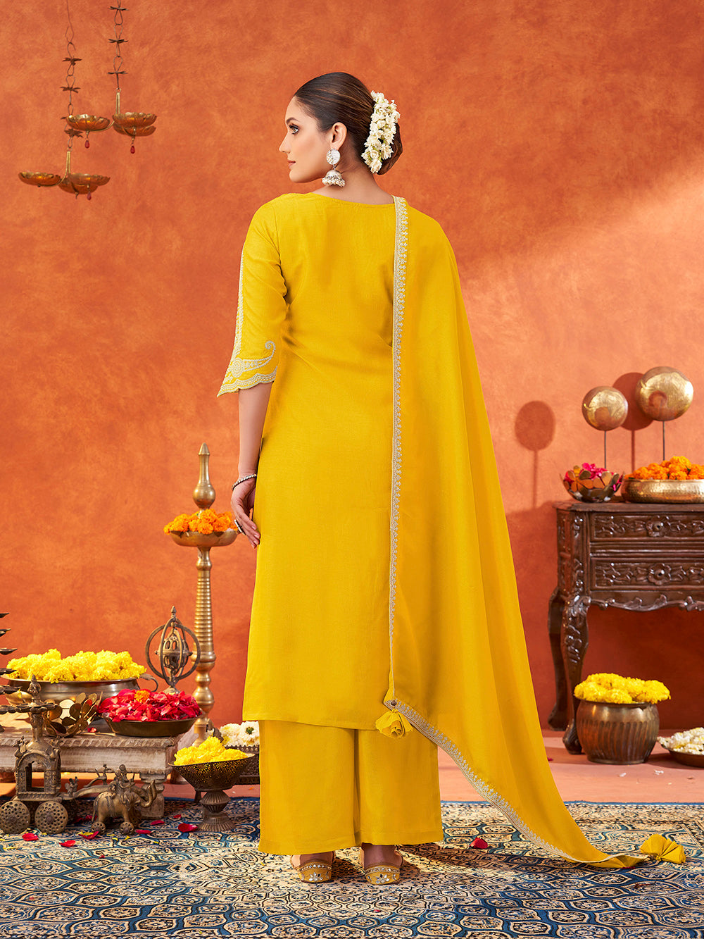Women's Yellow Silk Blend Embroidered Yoke Kurta with Trouser & Dupatta