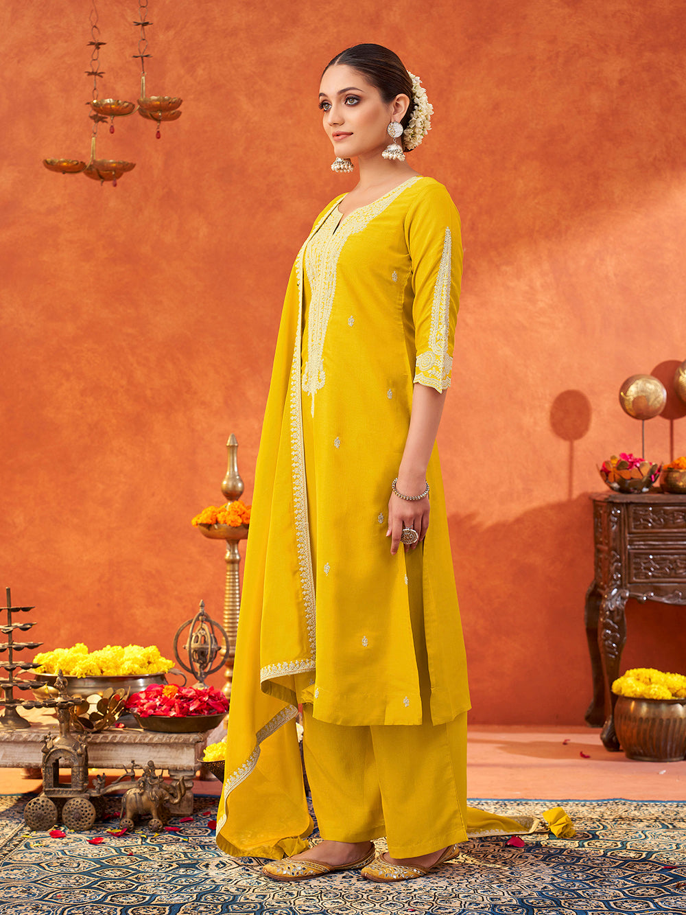 Women's Yellow Silk Blend Embroidered Yoke Kurta with Trouser & Dupatta