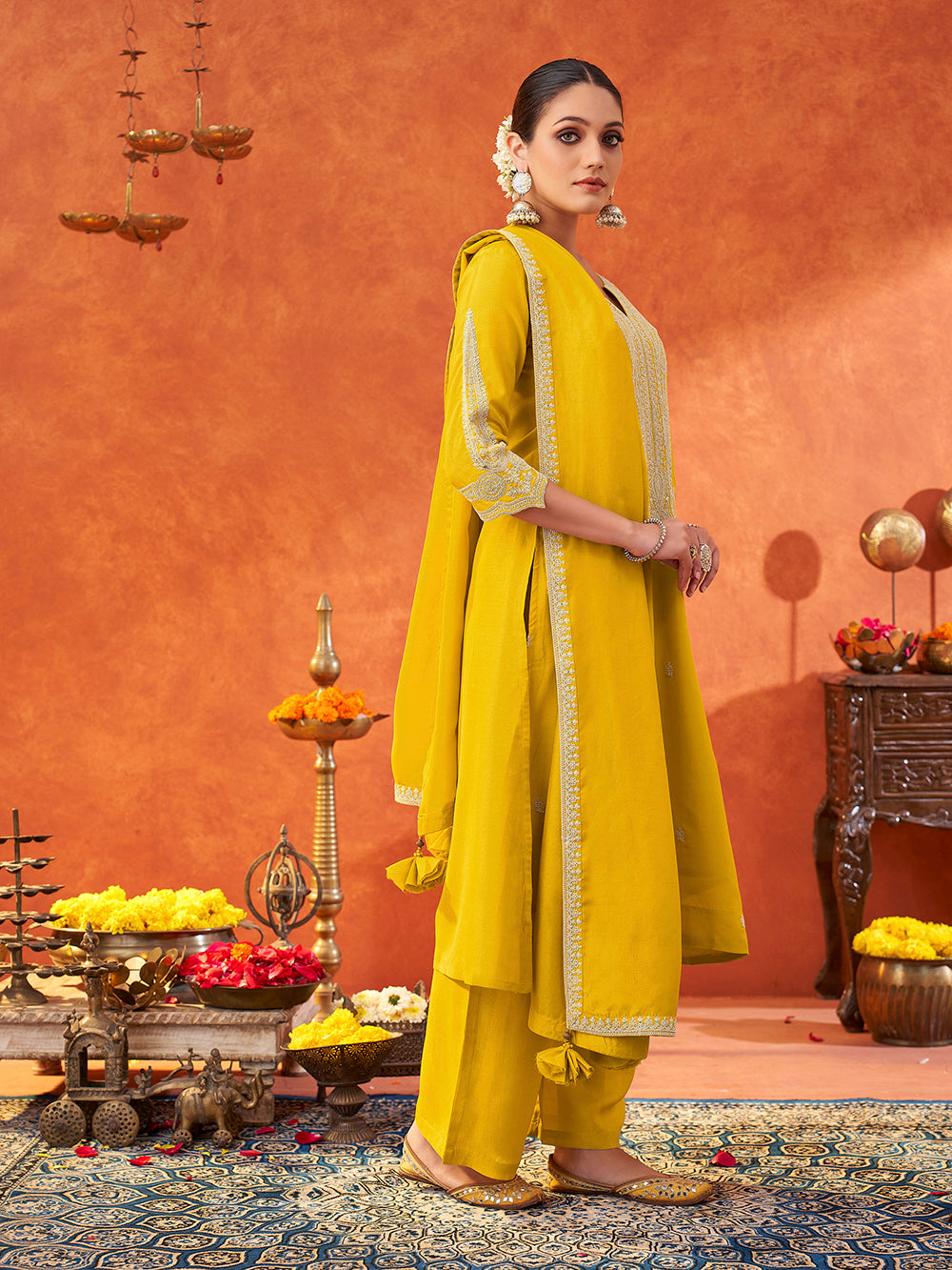 Women's Yellow Silk Blend Embroidered Yoke Kurta with Trouser & Dupatta