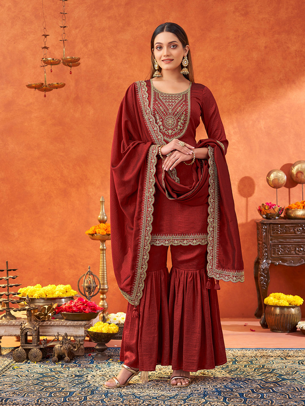 Women's Sky Women's Maroon Silk Blend Sequence Embroidered Sharara set with dupatta with scallop edgeBlue Silk Blend Embroidered Kurta with Trouser & Dupatta