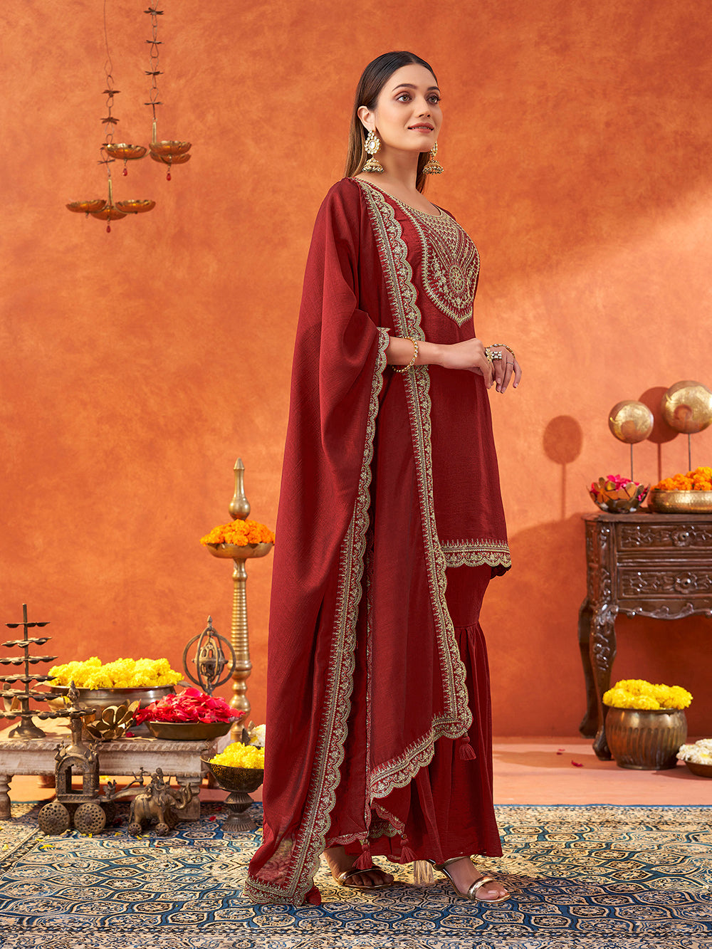 Women's Sky Women's Maroon Silk Blend Sequence Embroidered Sharara set with dupatta with scallop edgeBlue Silk Blend Embroidered Kurta with Trouser & Dupatta