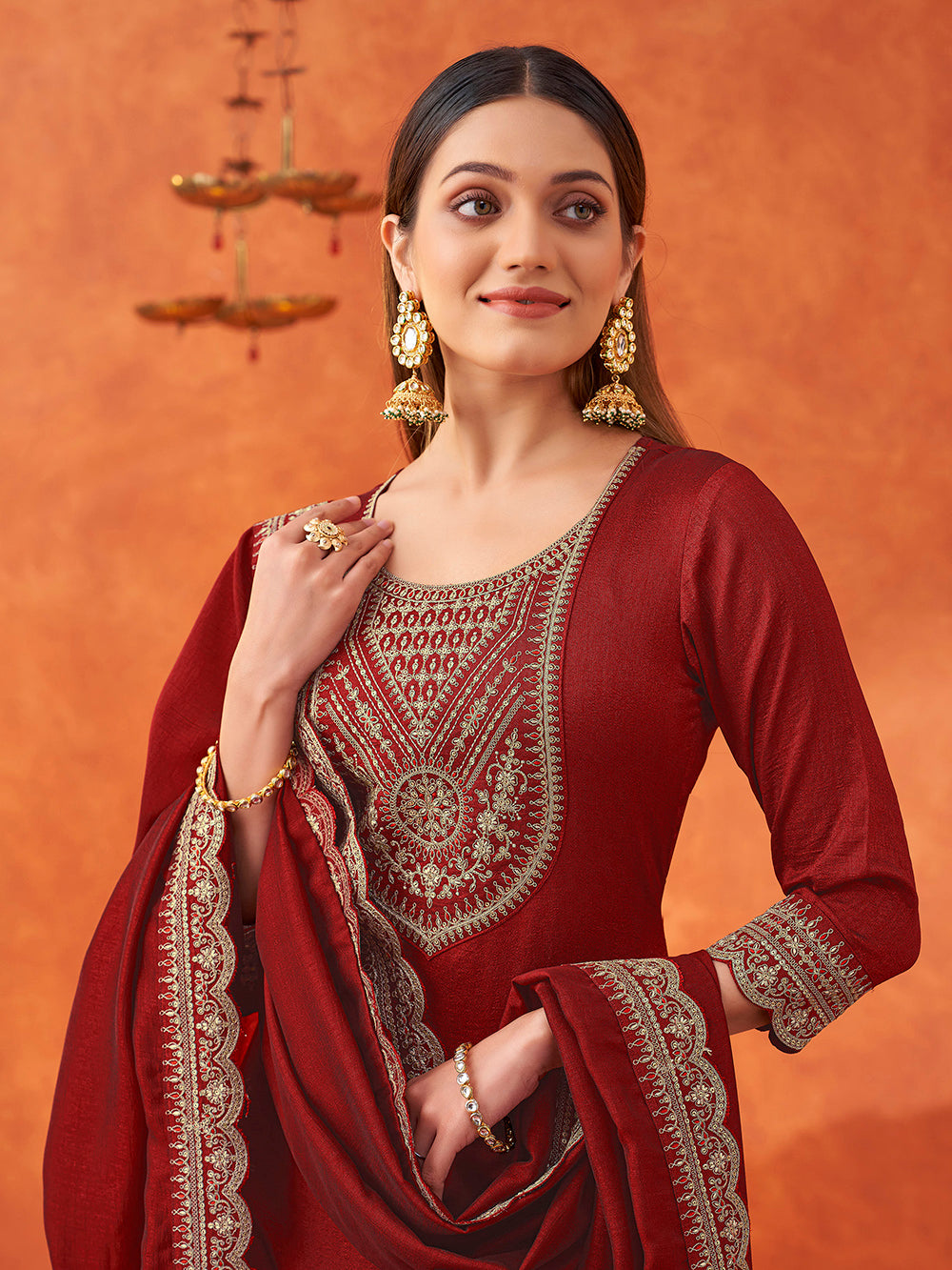 Women's Sky Women's Maroon Silk Blend Sequence Embroidered Sharara set with dupatta with scallop edgeBlue Silk Blend Embroidered Kurta with Trouser & Dupatta