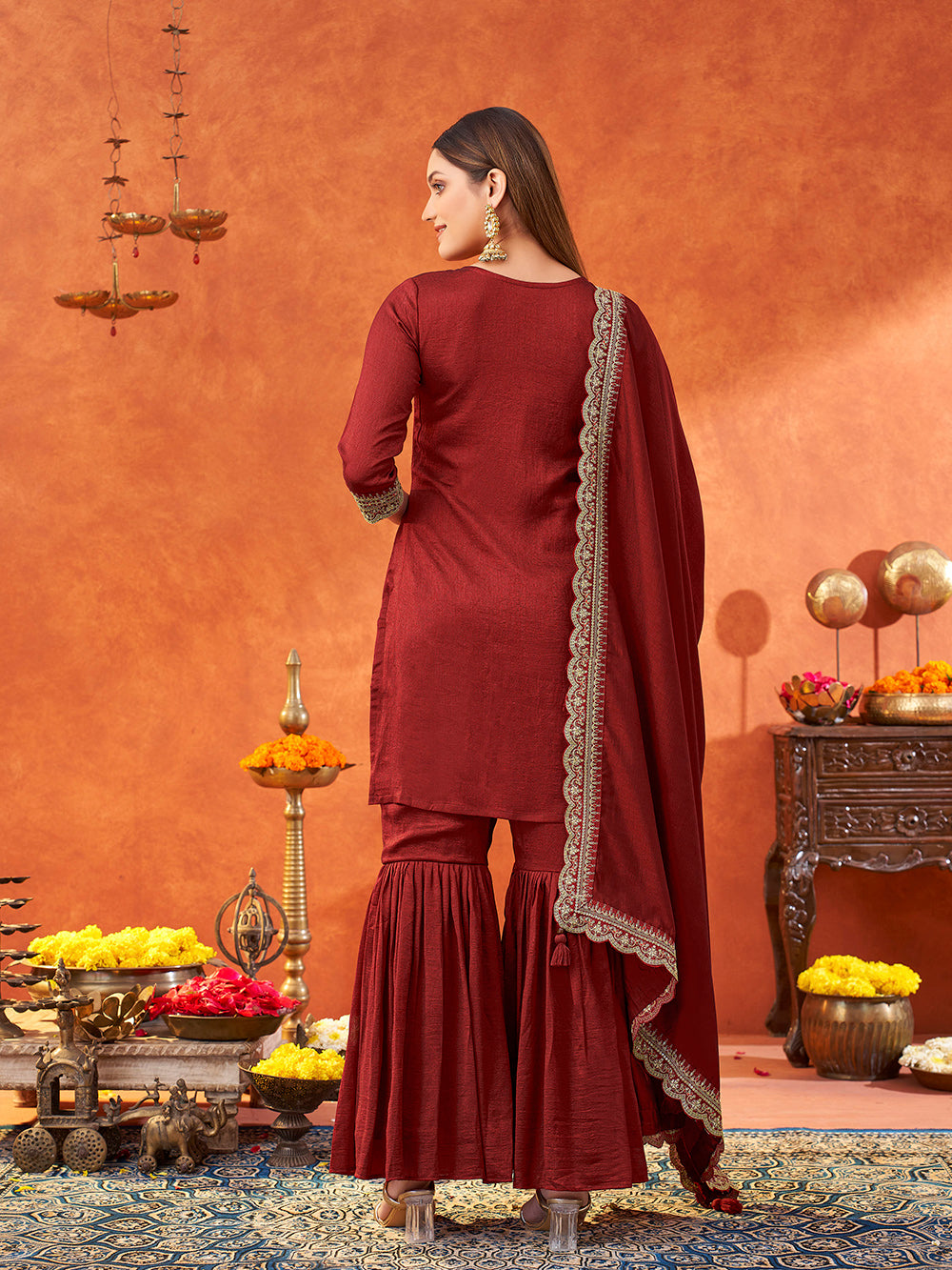 Women's Sky Women's Maroon Silk Blend Sequence Embroidered Sharara set with dupatta with scallop edgeBlue Silk Blend Embroidered Kurta with Trouser & Dupatta