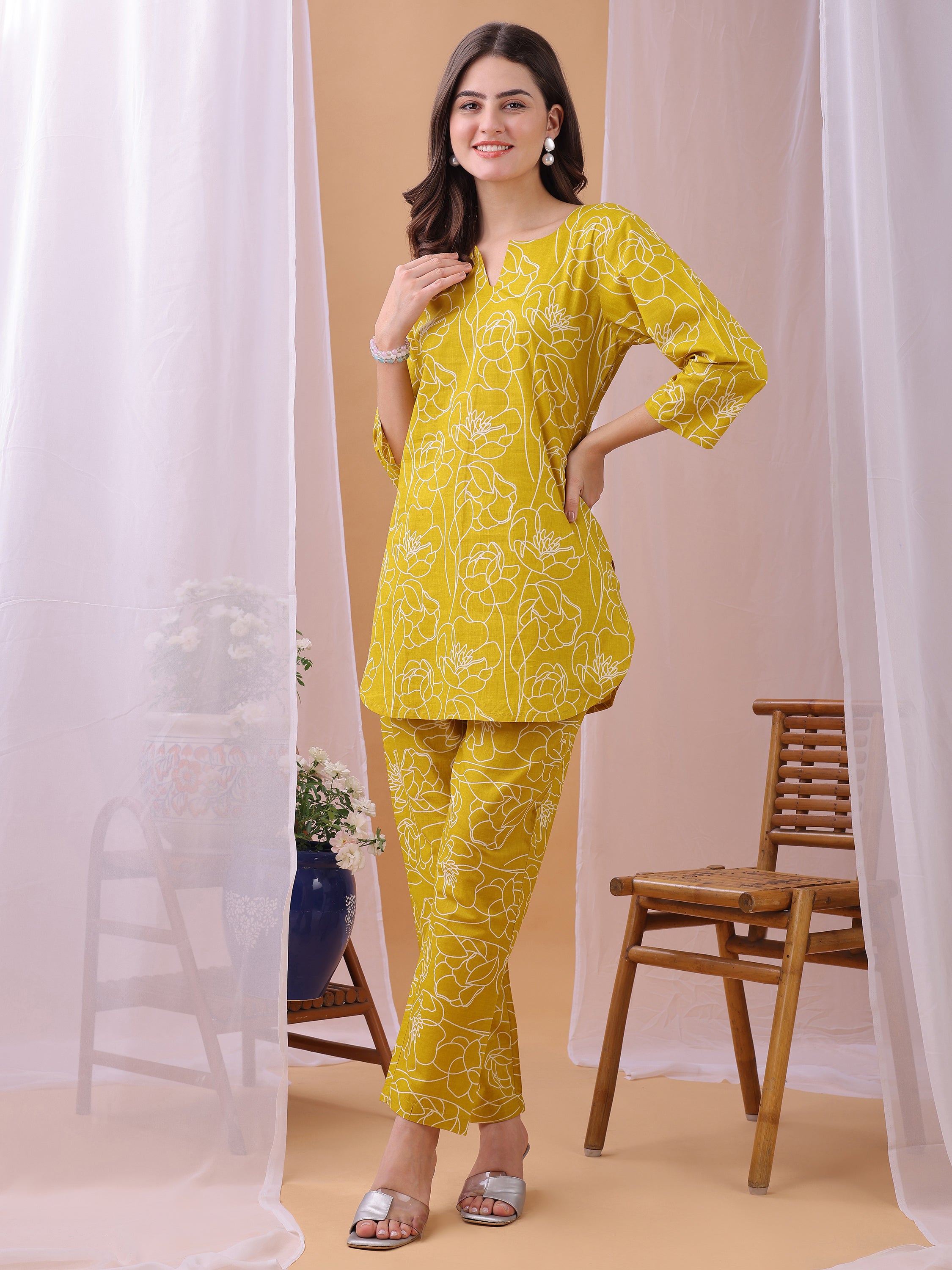 Cozy Mustard Floral Printed Pure Cambric Cotton Co-ords set