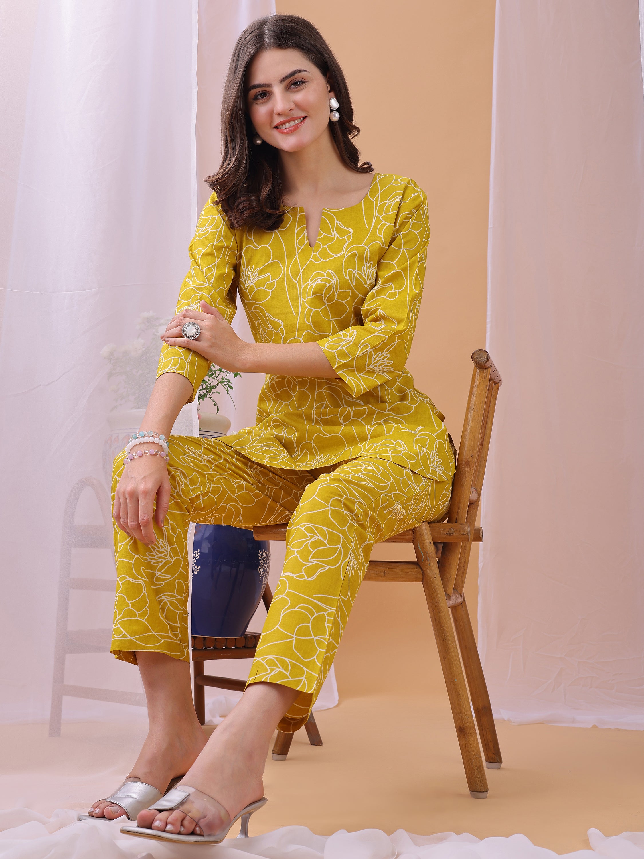 Cozy Mustard Floral Printed Pure Cambric Cotton Co-ords set
